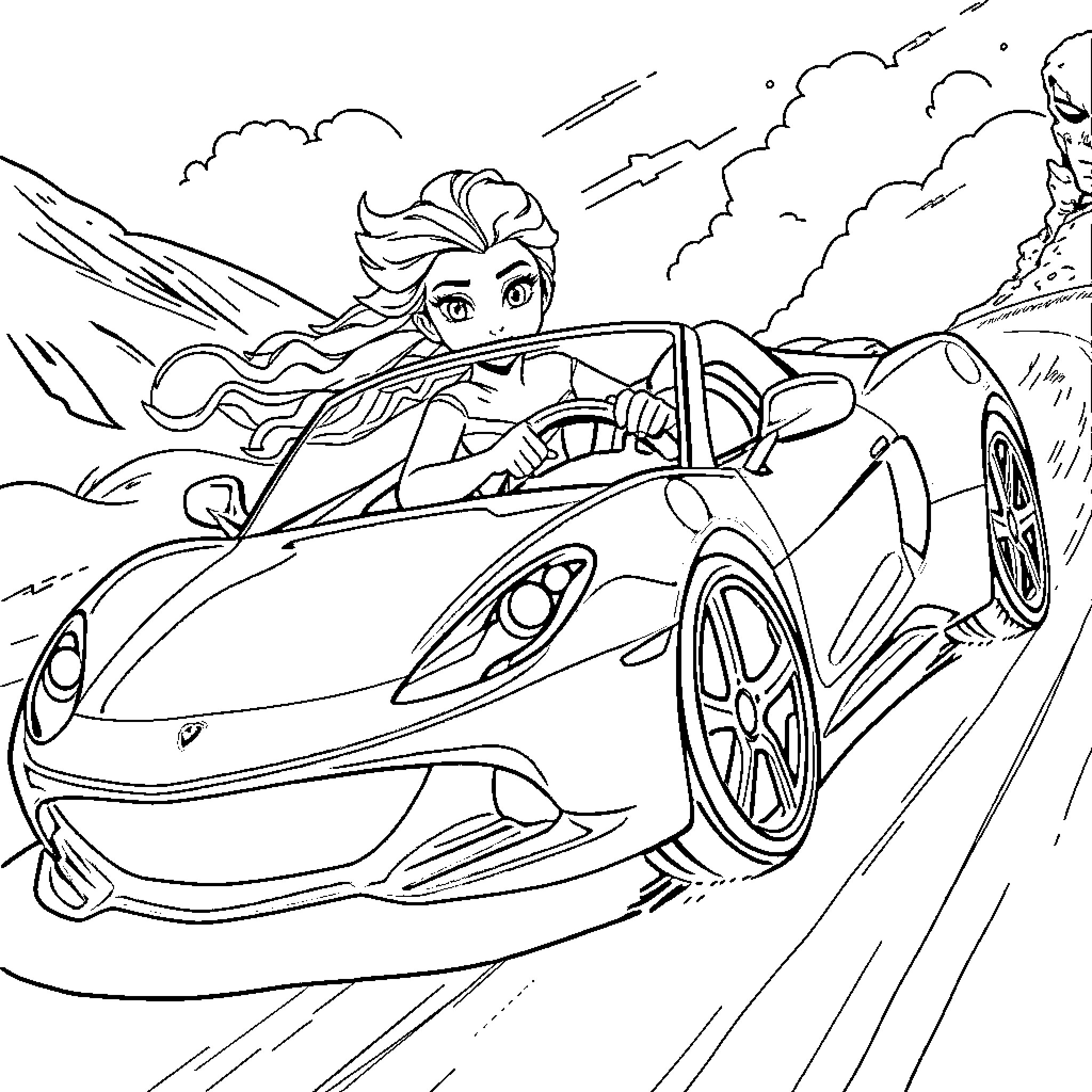 Elsa's High-Speed Adventure in a Sleek Sports Car Coloring Page (free black-and-white line drawing printable PDF for all, from beginners to advanced learners, including children, teens, adults, and seniors)