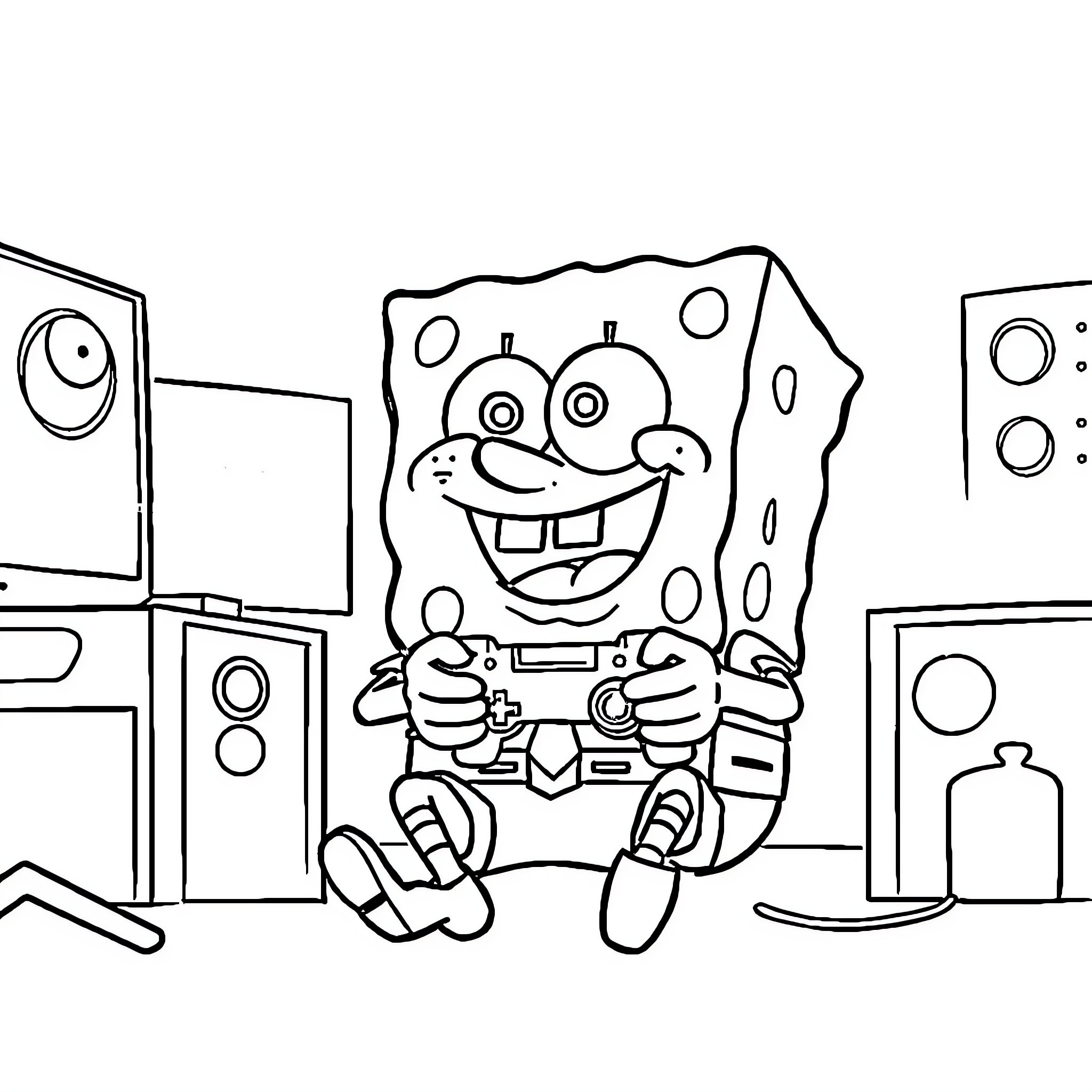 Sponge Bob in a funny and energetic pose Coloring Page (free black-and-white line drawing printable PDF for all, from beginners to advanced learners, including children, teens, adults, and seniors)