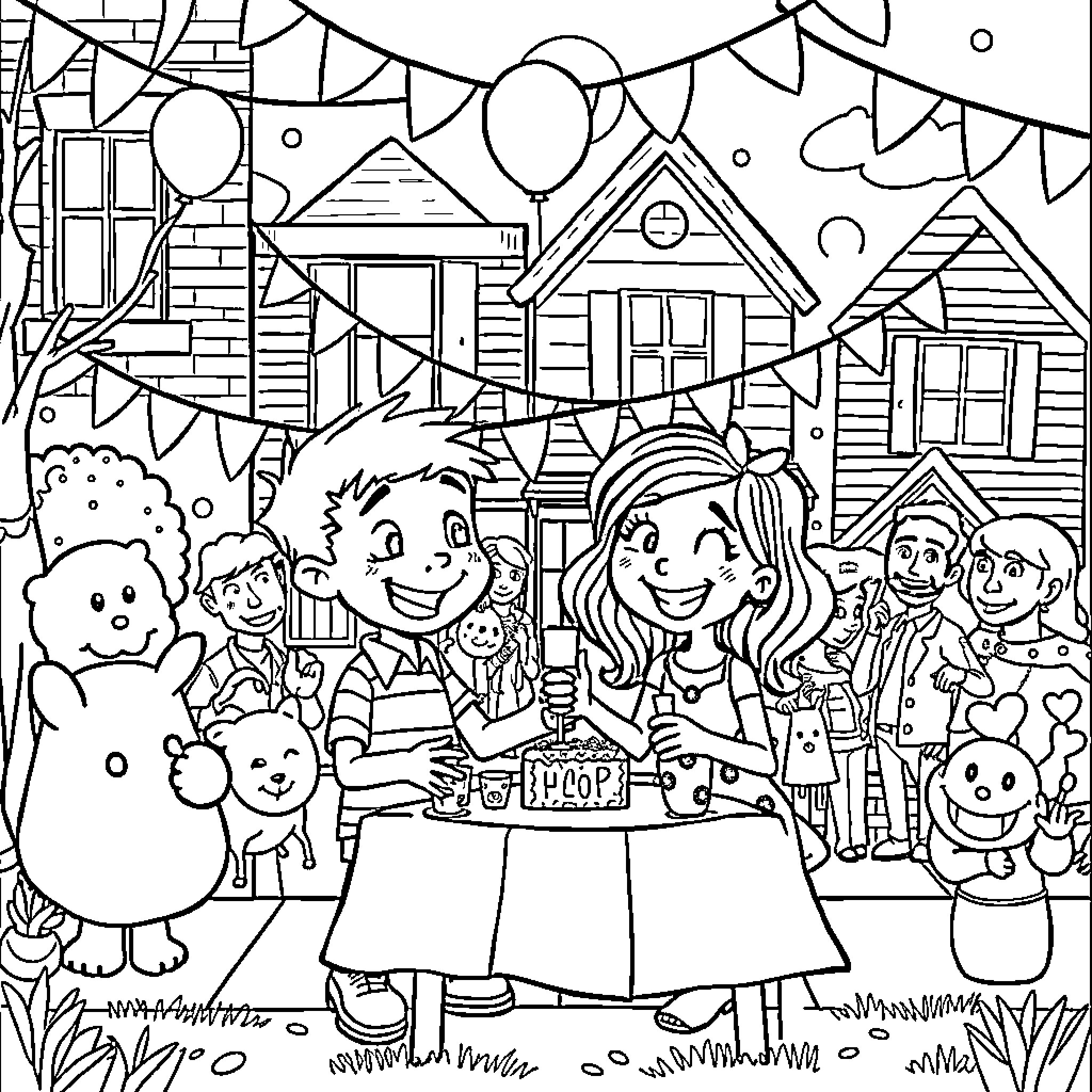 Jack's Festive Birthday Celebration with Friends Coloring Page (free black-and-white line drawing printable PDF for all, from beginners to advanced learners, including children, teens, adults, and seniors)