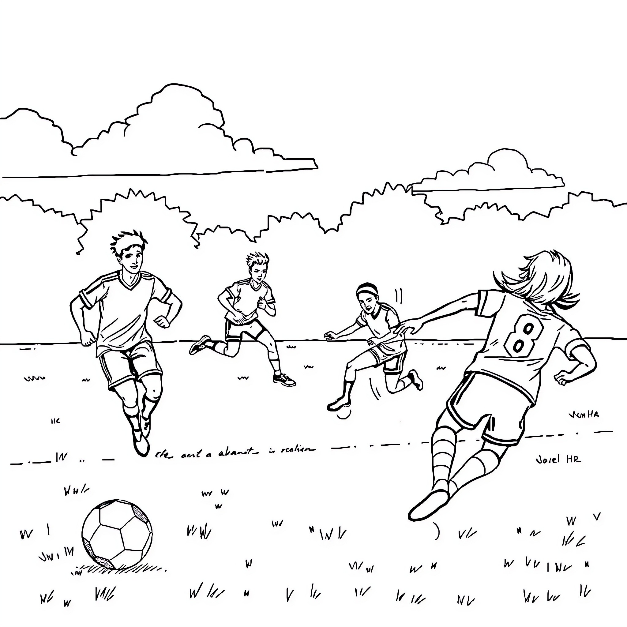 Korfbal players in action on the field Coloring Page (free black-and-white line drawing printable PDF for all, from beginners to advanced learners, including children, teens, adults, and seniors)