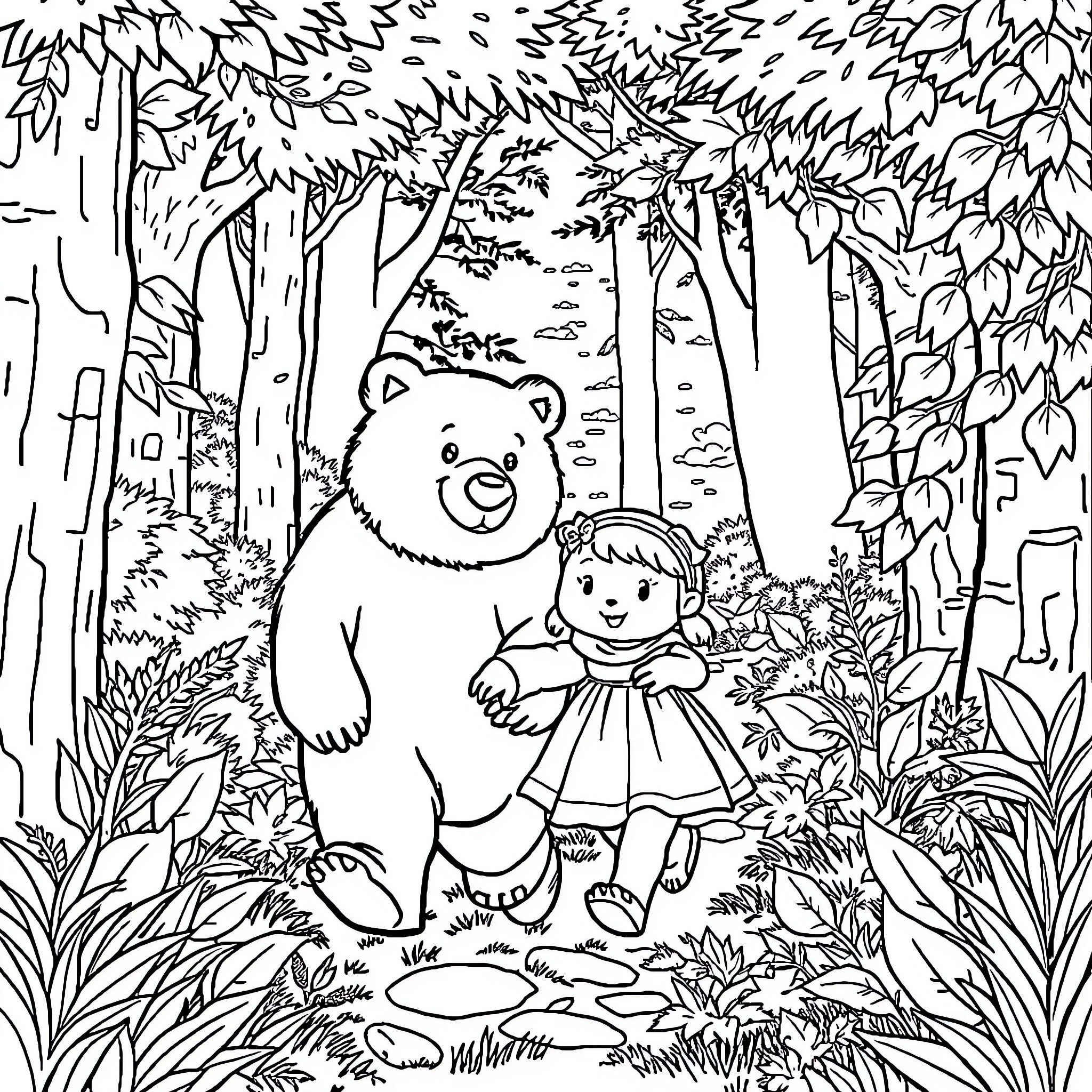 Mascha exploring the forest with her bear friend Coloring Page (free black-and-white line drawing printable PDF for all, from beginners to advanced learners, including children, teens, adults, and seniors)