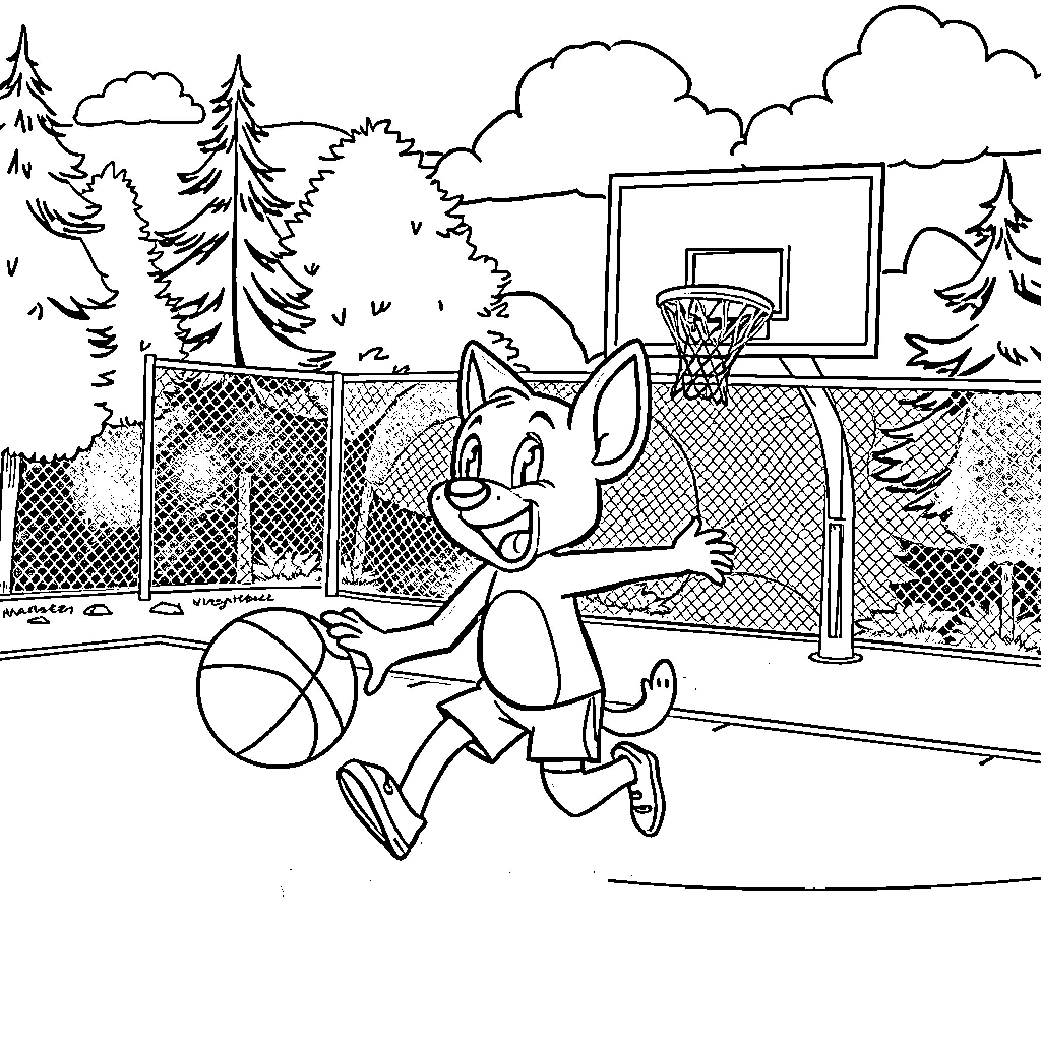 Bluey playing basketball in the park Coloring Page (free black-and-white line drawing printable PDF for all, from beginners to advanced learners, including children, teens, adults, and seniors)