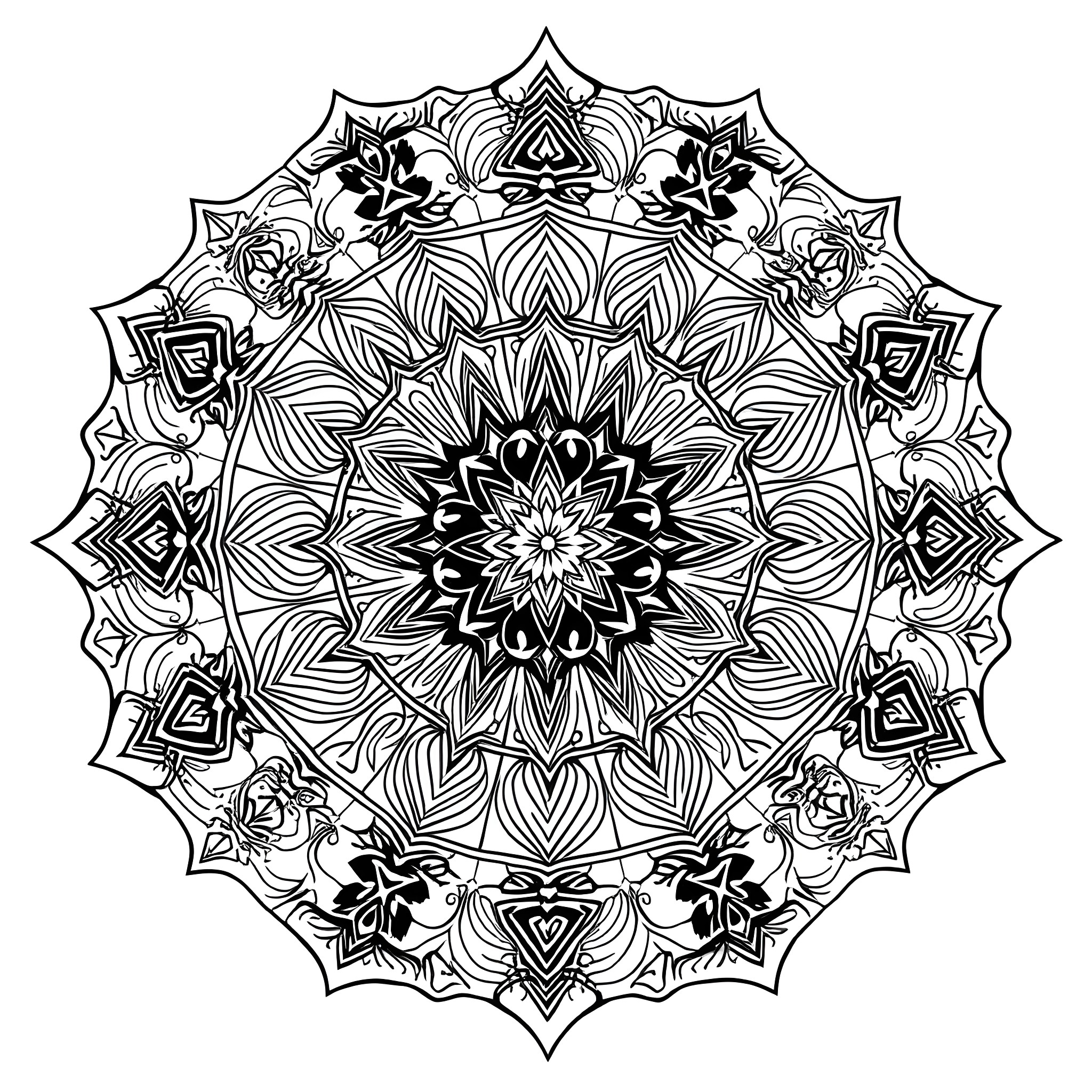 Mandala with intricate floral patterns and symmetrical design Coloring Page (free black-and-white line drawing printable PDF for all, from beginners to advanced learners, including children, teens, adults, and seniors)