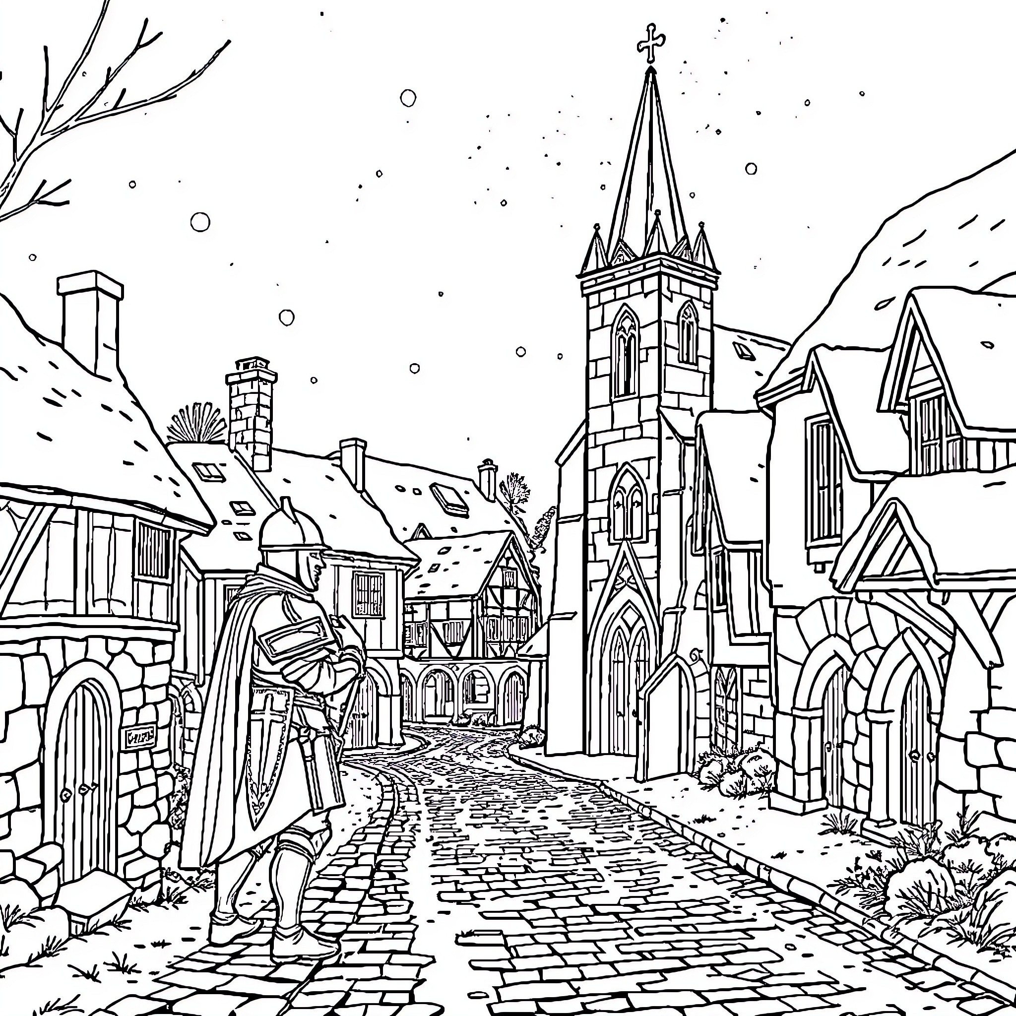 Knight's Journey Through the Snowy Medieval Town Coloring Page (free black-and-white line drawing printable PDF for all, from beginners to advanced learners, including children, teens, adults, and seniors)