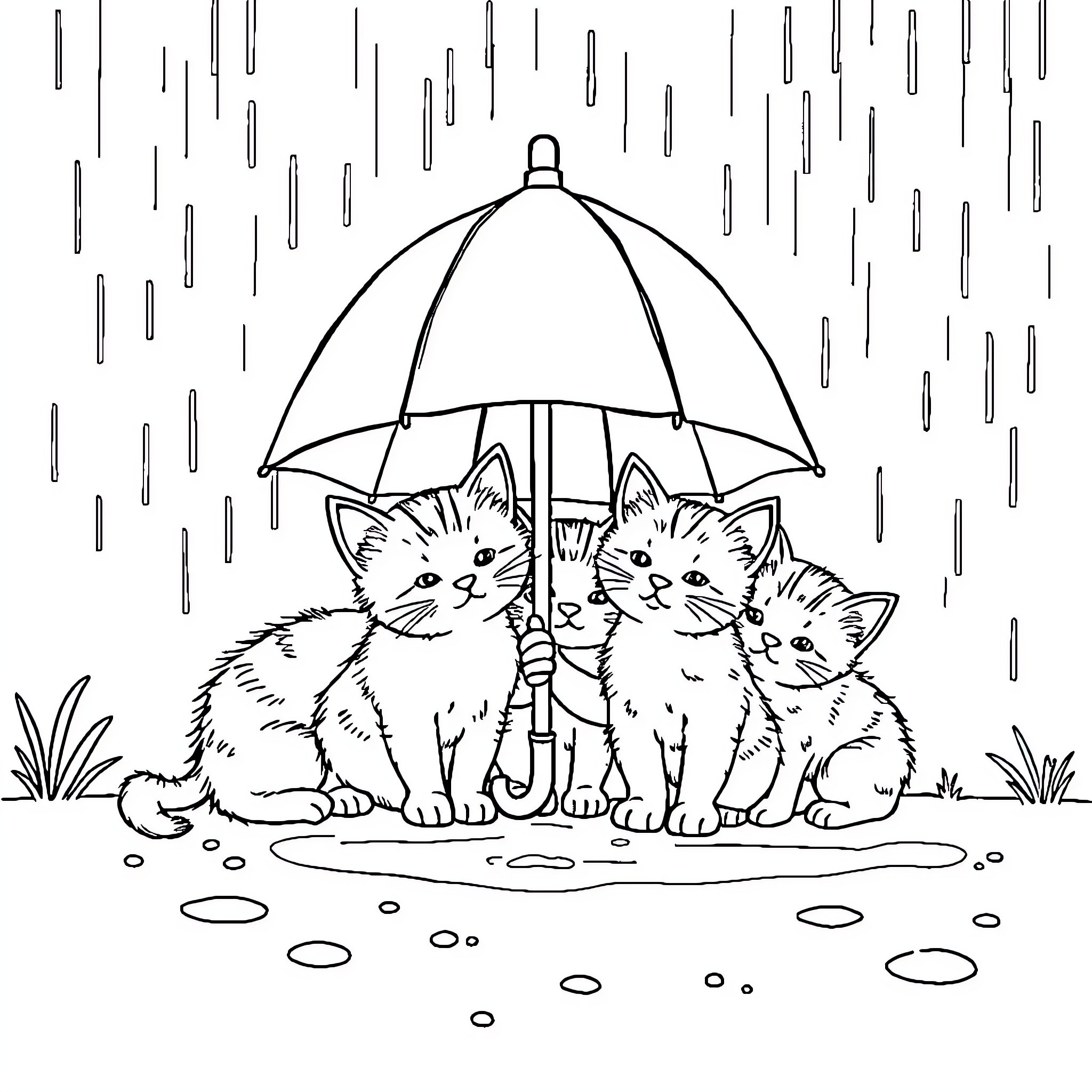 Cat Kittens Sheltering Under Umbrella in Rain Coloring Page (free black-and-white line drawing printable PDF for all, from beginners to advanced learners, including children, teens, adults, and seniors)