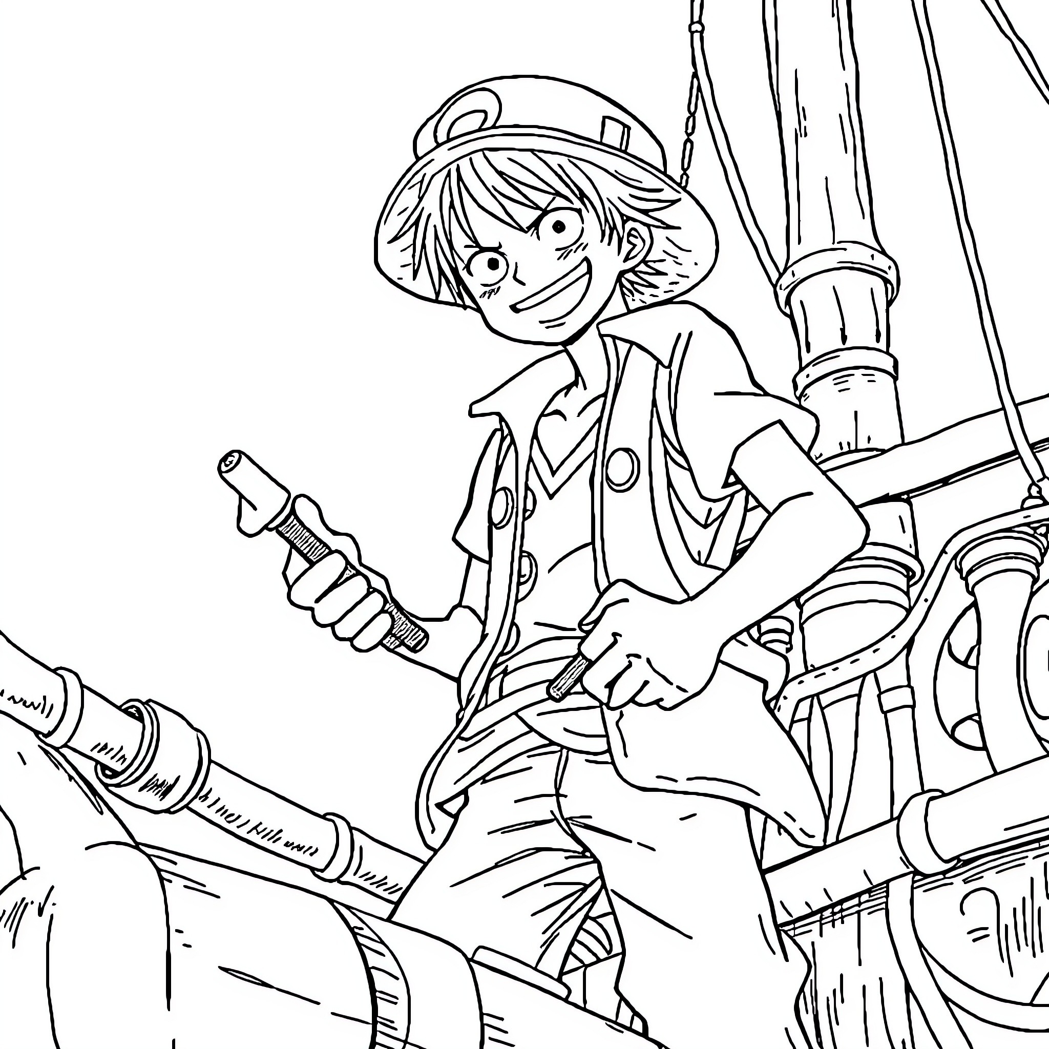 Luffy Embarking on a Pirate Adventure Coloring Page (free black-and-white line drawing printable PDF for all, from beginners to advanced learners, including children, teens, adults, and seniors)