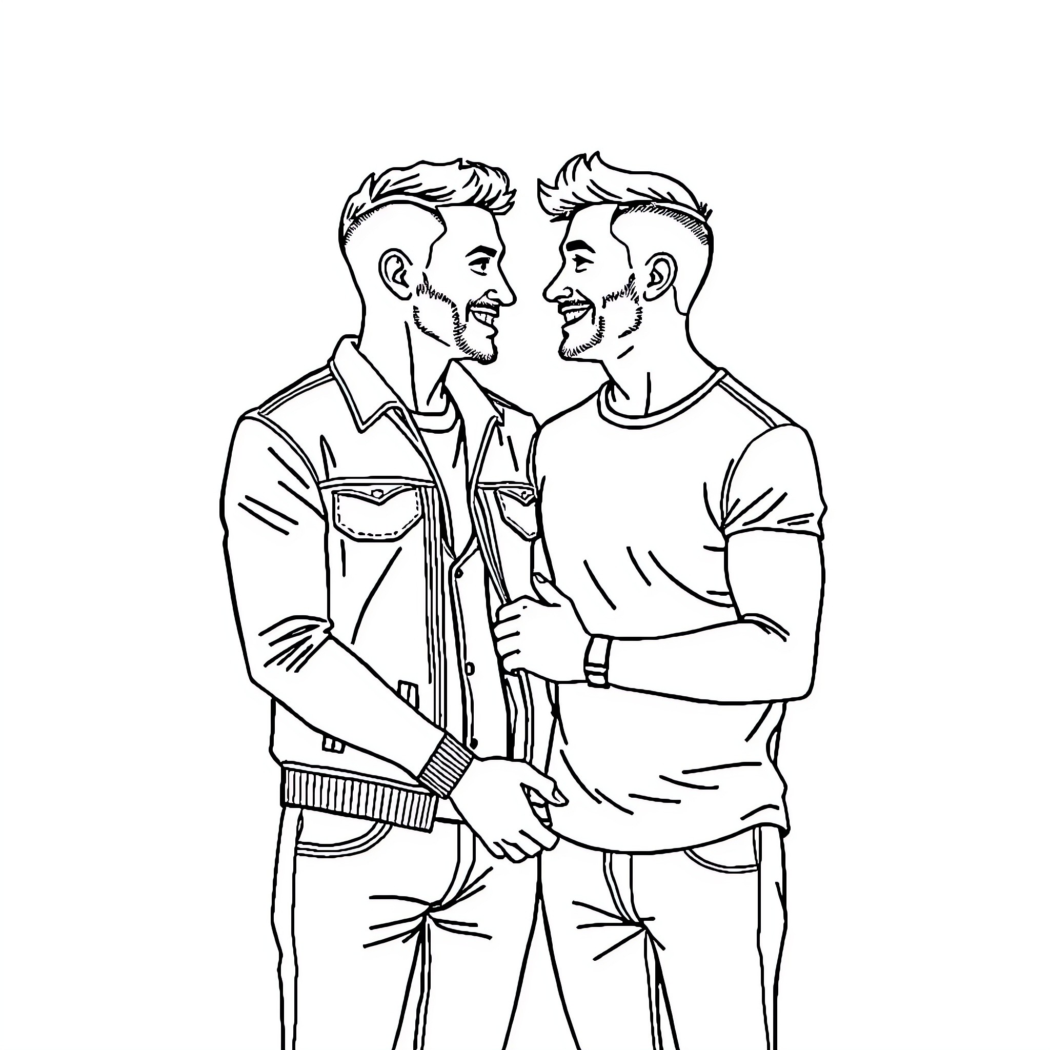 Couple embracing and smiling affectionately Coloring Page (free black-and-white line drawing printable PDF for all, from beginners to advanced learners, including children, teens, adults, and seniors)