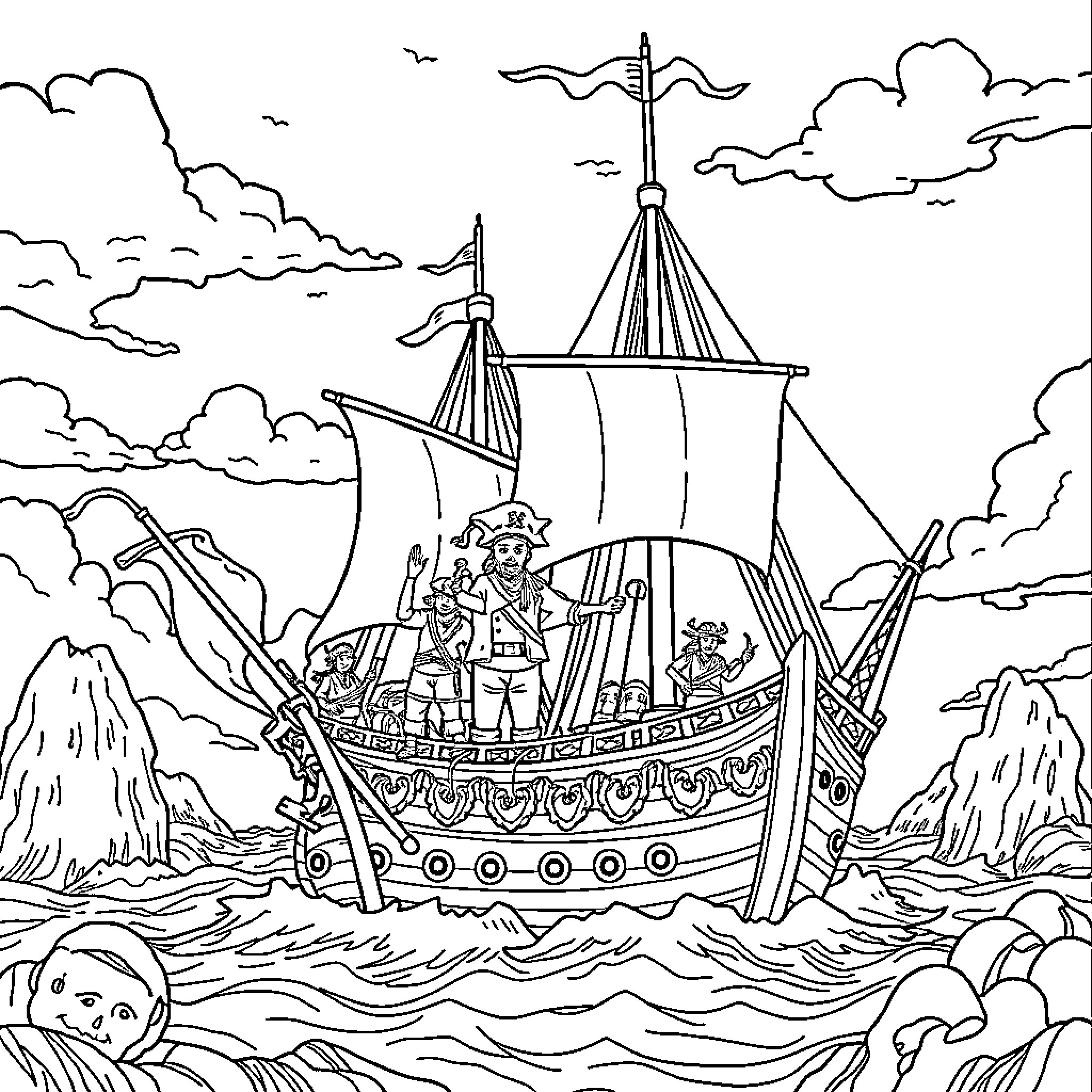 One Piece Pirate Crew Navigating Treacherous Waters Coloring Page (free black-and-white line drawing printable PDF for all, from beginners to advanced learners, including children, teens, adults, and seniors)