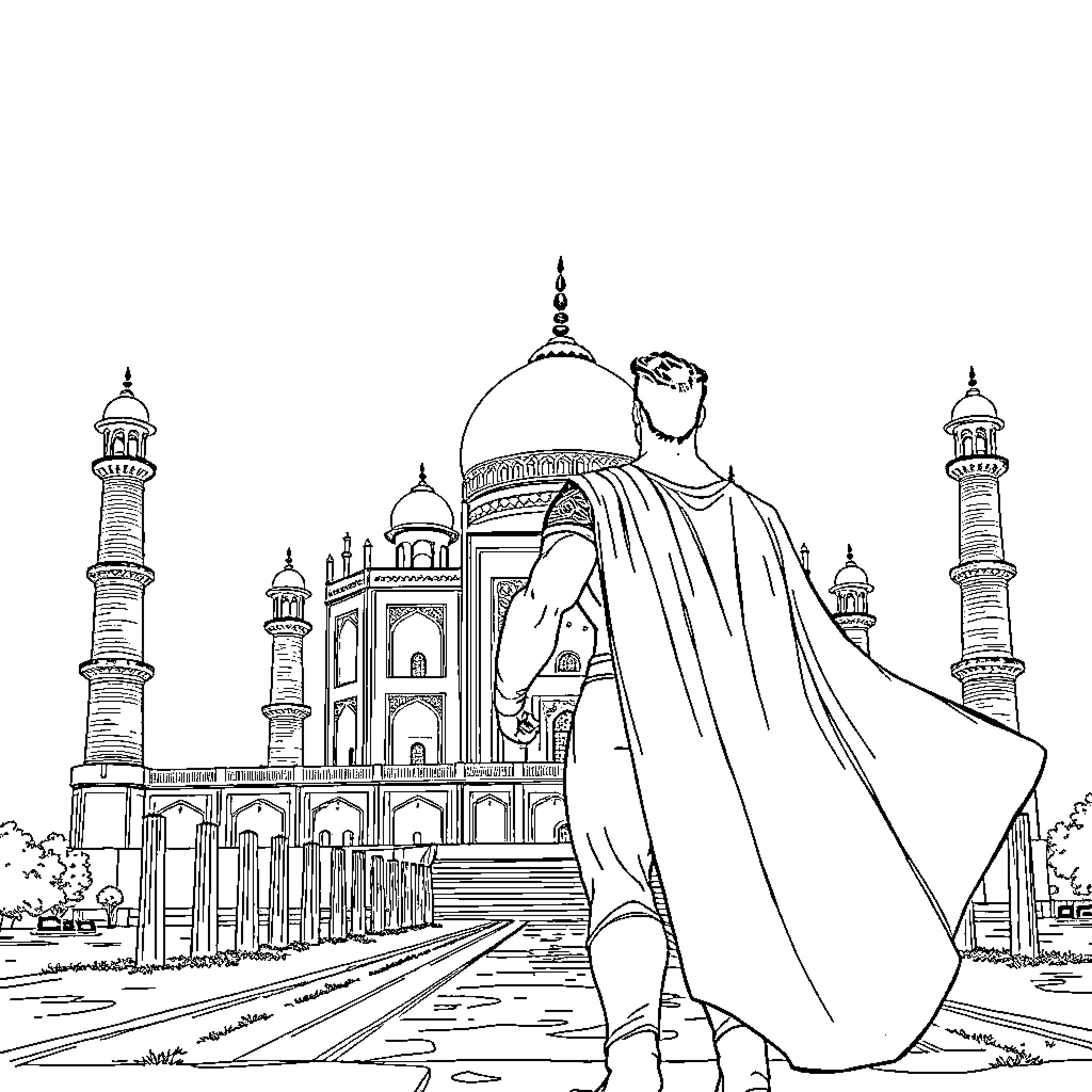 Superman standing before the Taj Mahal Coloring Page (free black-and-white line drawing printable PDF for all, from beginners to advanced learners, including children, teens, adults, and seniors)