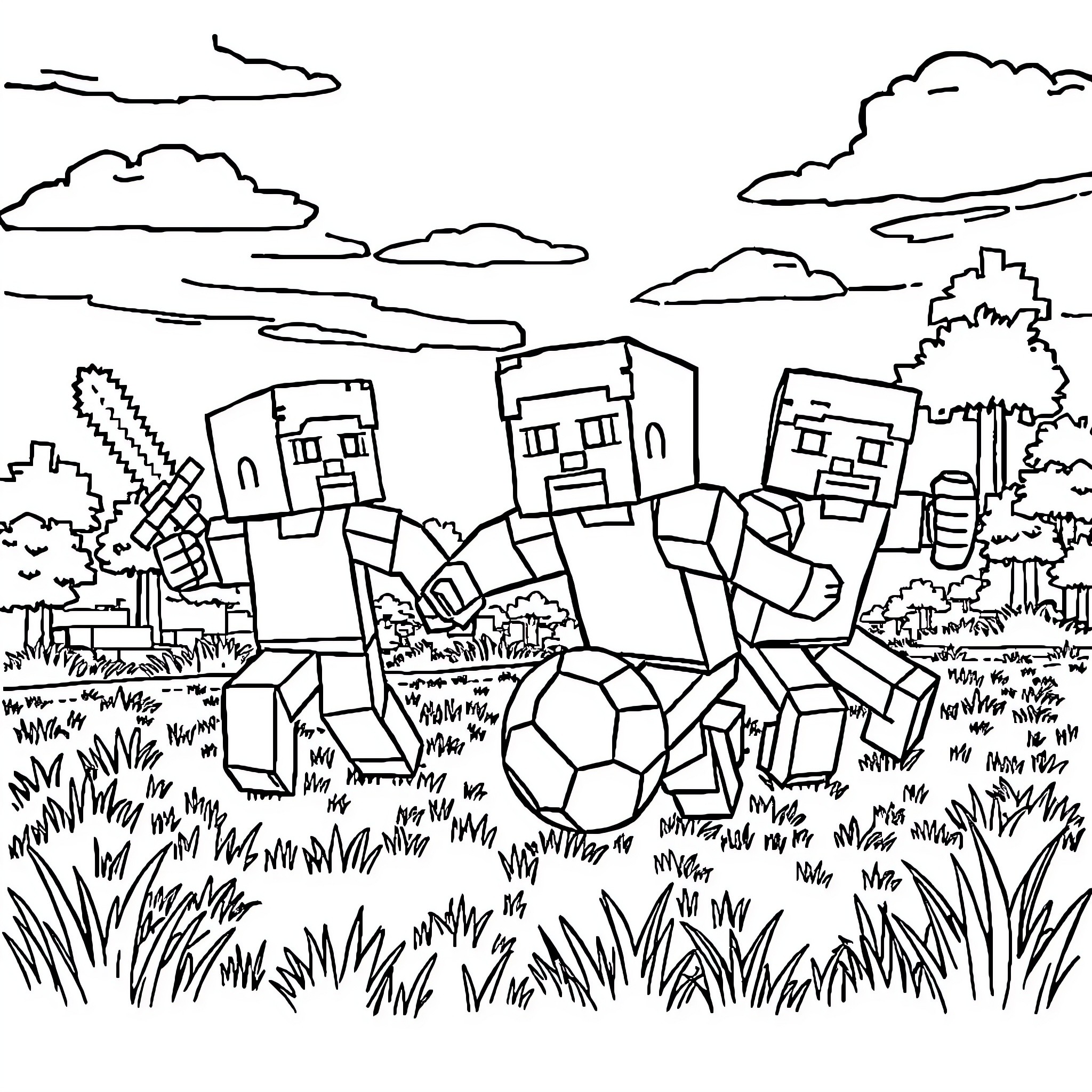 Minecraft characters playing soccer in the park Coloring Page (free black-and-white line drawing printable PDF for all, from beginners to advanced learners, including children, teens, adults, and seniors)