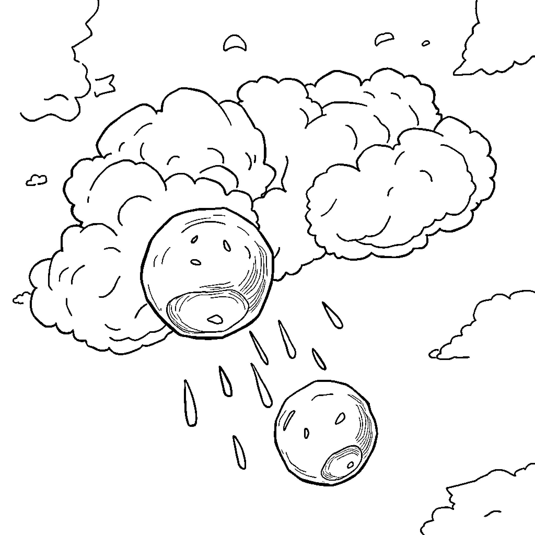 Cloud beings casting rainy spell in the sky Coloring Page (free black-and-white line drawing printable PDF for all, from beginners to advanced learners, including children, teens, adults, and seniors)
