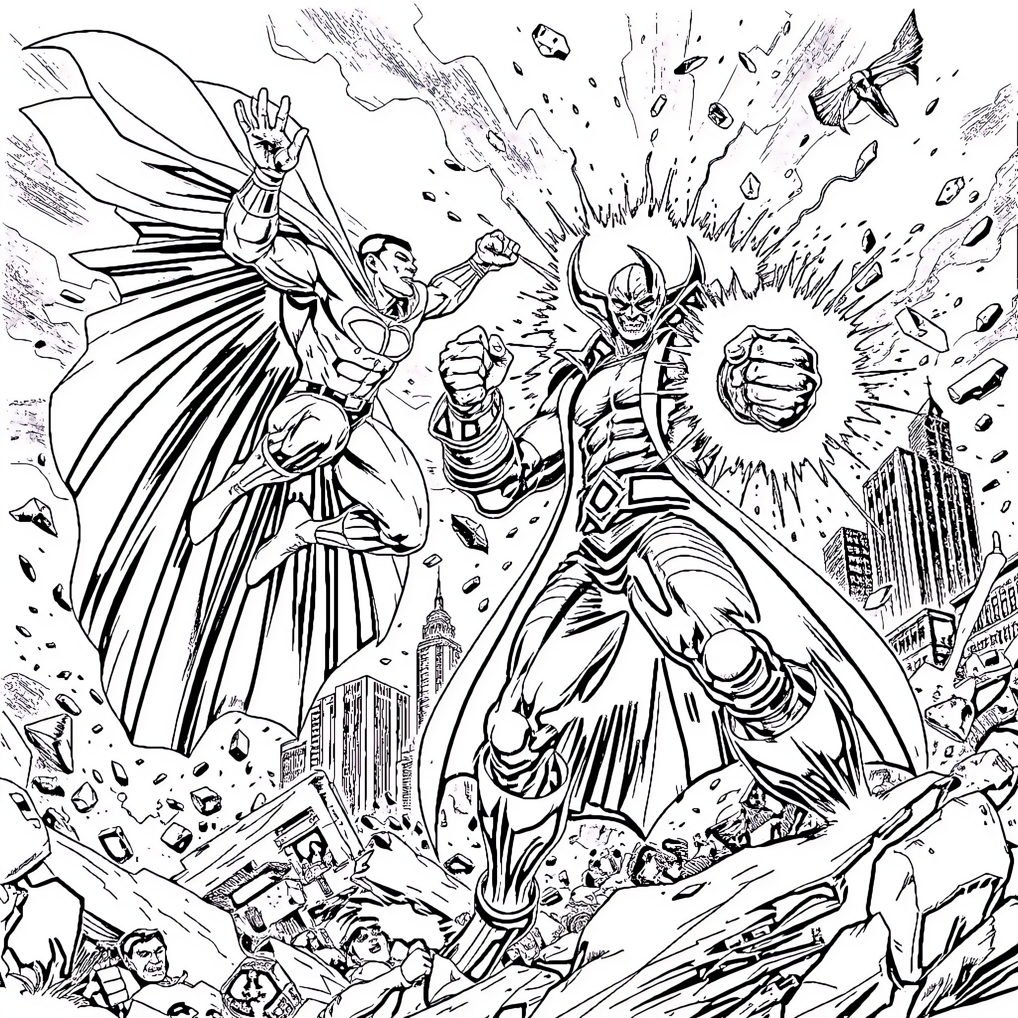 Superhero Battle with Explosive Energy Burst Coloring Page (free black-and-white line drawing printable PDF for all, from beginners to advanced learners, including children, teens, adults, and seniors)