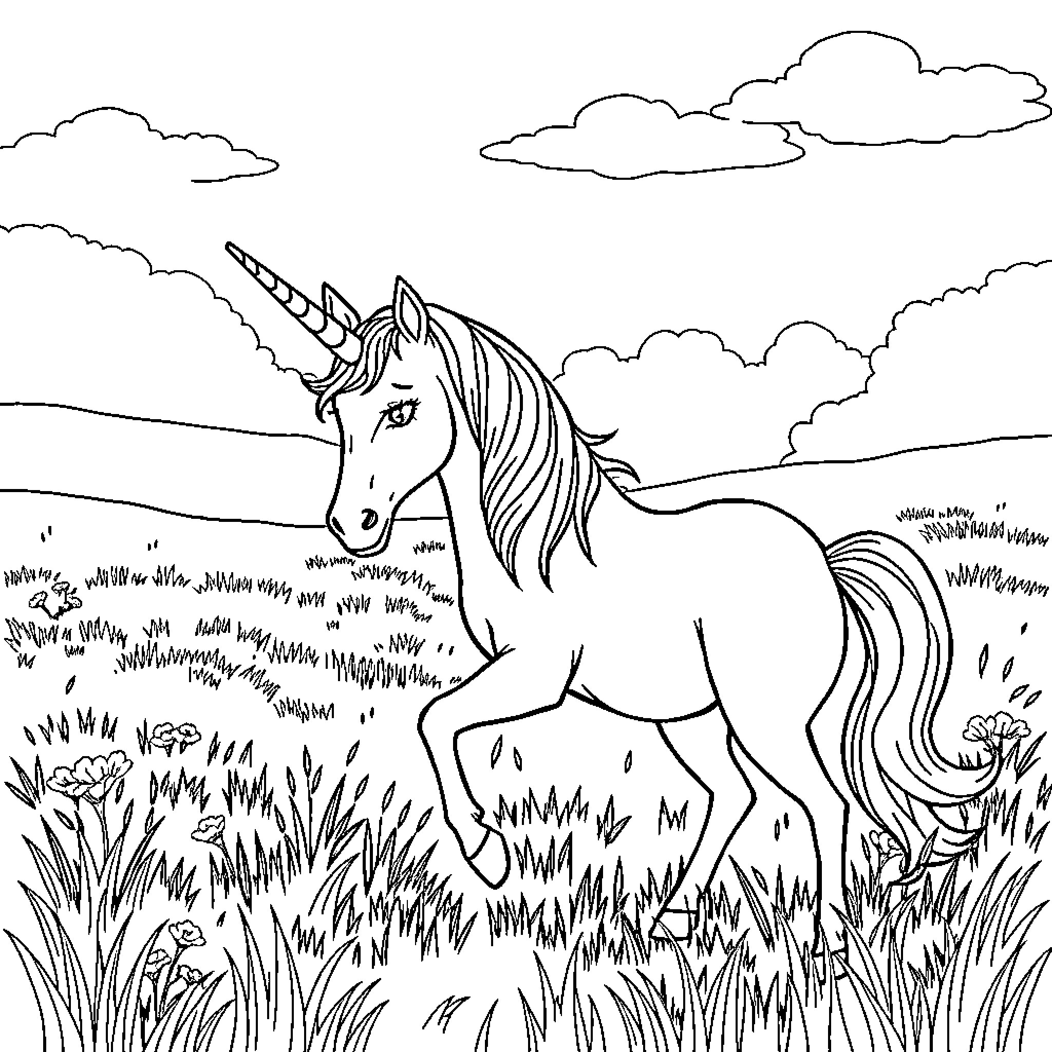 Unicorn grazing peacefully in a lush meadow Coloring Page (free black-and-white line drawing printable PDF for all, from beginners to advanced learners, including children, teens, adults, and seniors)