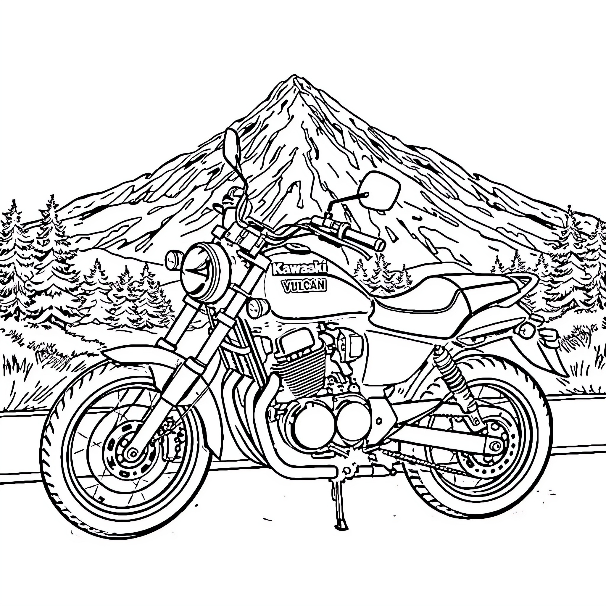 Kawasaki Vulcan motorcycle adventure in the mountains Coloring Page (free black-and-white line drawing printable PDF for all, from beginners to advanced learners, including children, teens, adults, and seniors)