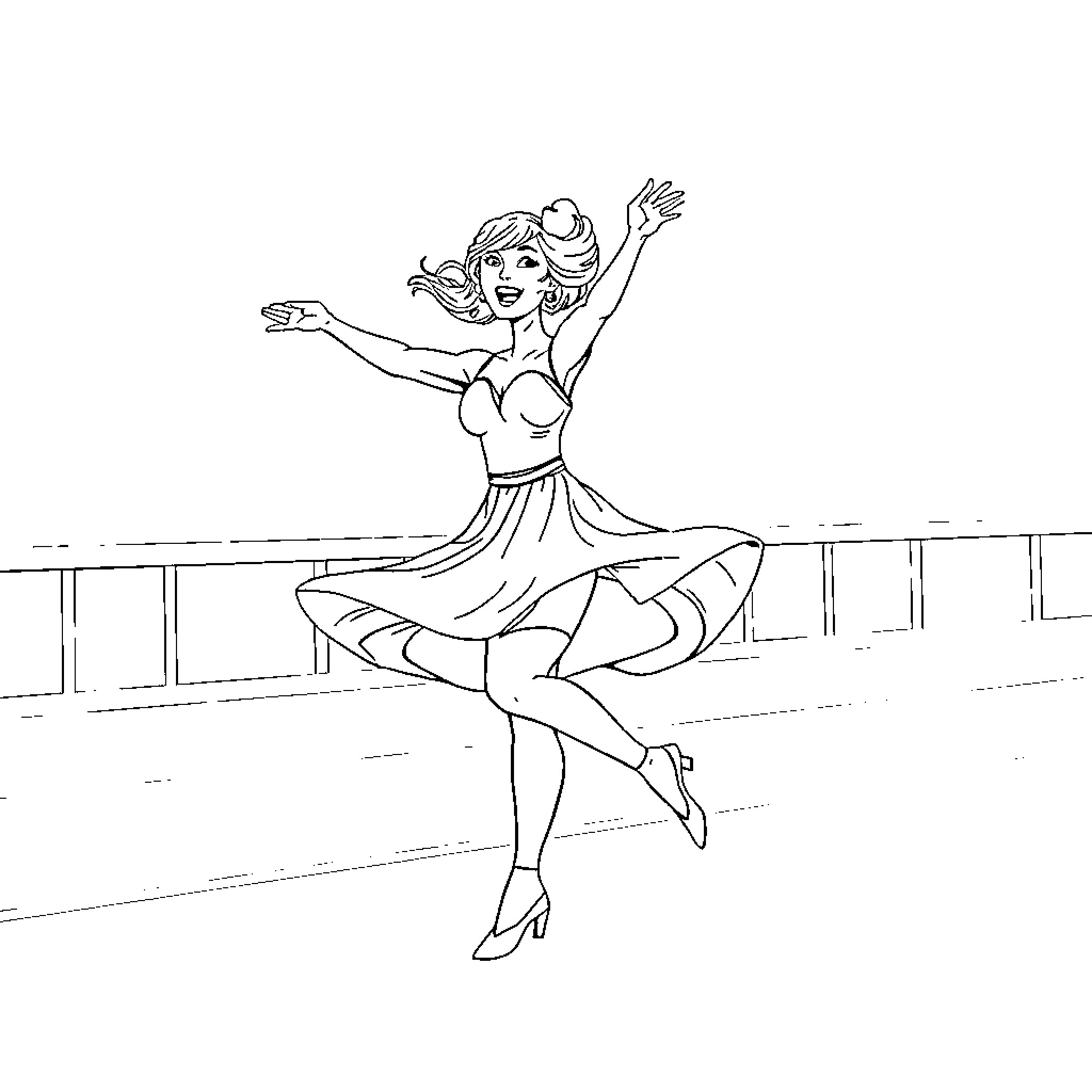 Me dancing joyfully in a flowing dress Coloring Page (free black-and-white line drawing printable PDF for all, from beginners to advanced learners, including children, teens, adults, and seniors)