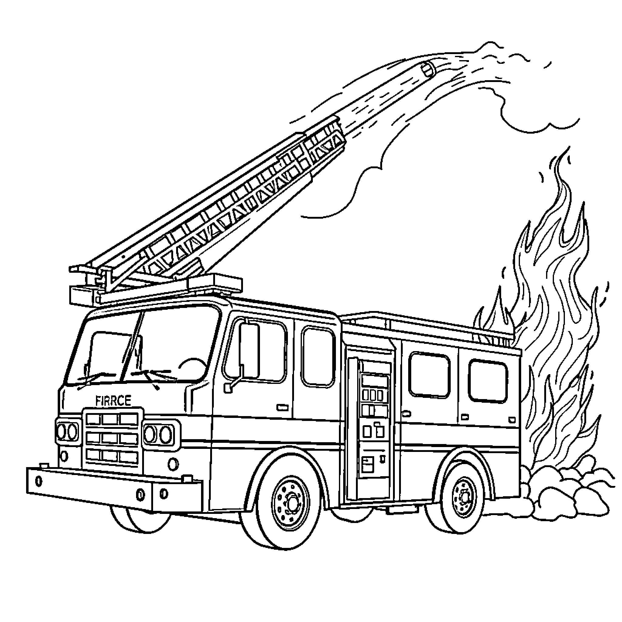 Firetruck responding to emergency with flashing lights Coloring Page (free black-and-white line drawing printable PDF for all, from beginners to advanced learners, including children, teens, adults, and seniors)