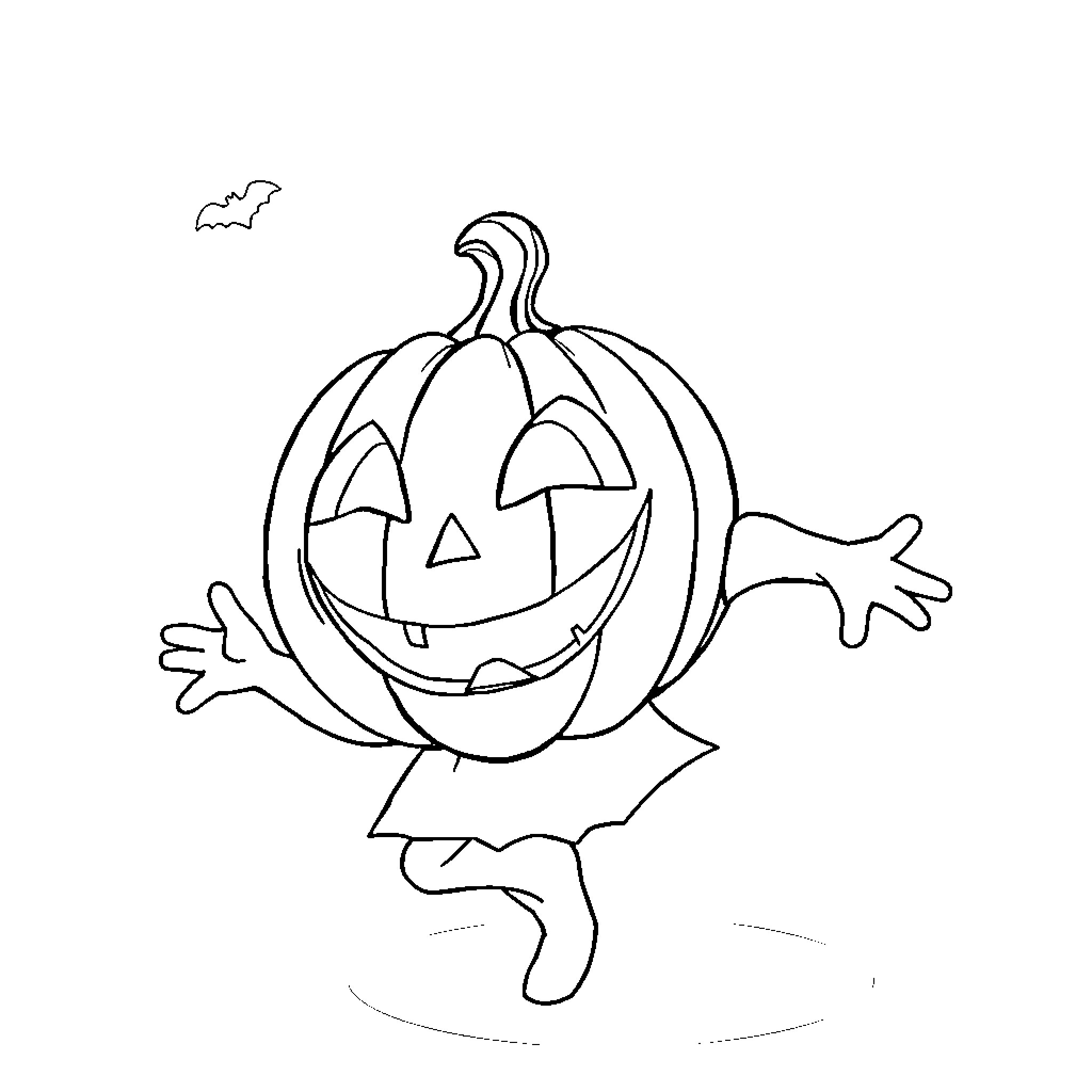 Jack-o'-lantern dancing happily on Halloween Coloring Page (free black-and-white line drawing printable PDF for all, from beginners to advanced learners, including children, teens, adults, and seniors)