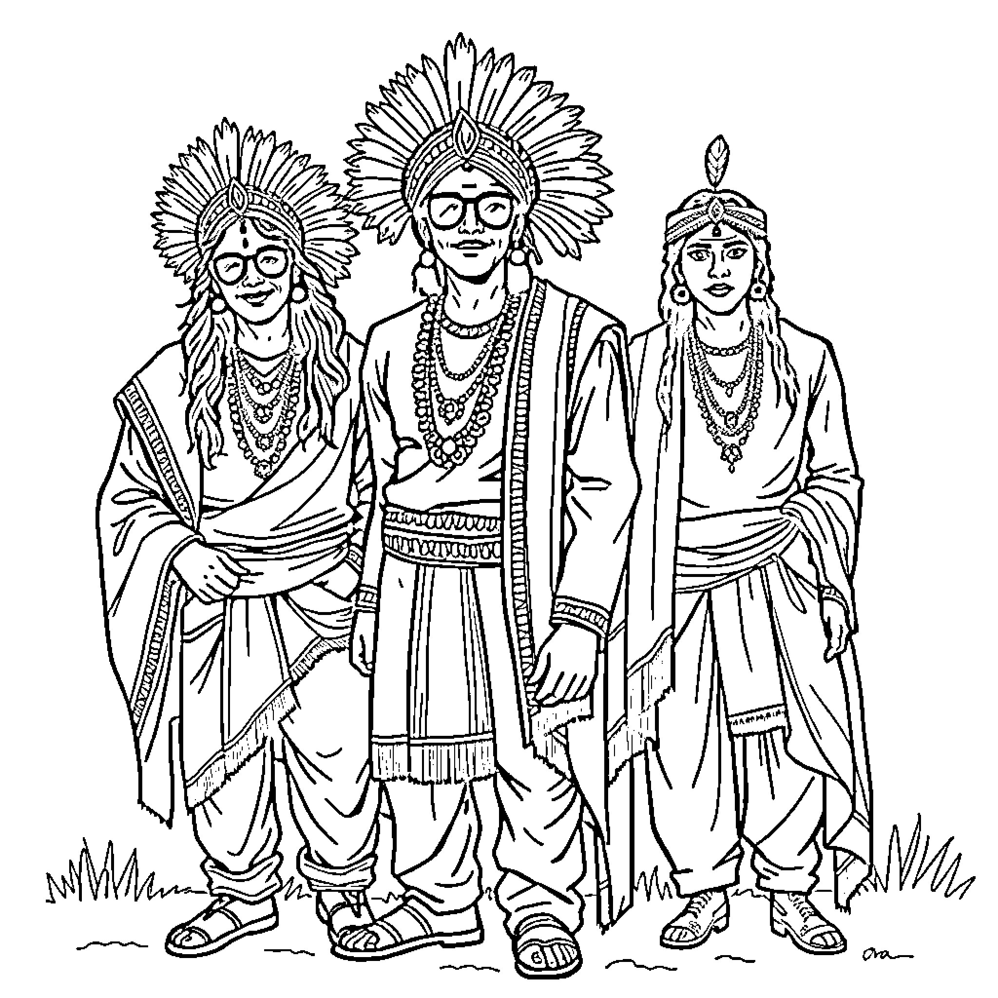 Man in traditional Native American attire posing with two companions Coloring Page (free black-and-white line drawing printable PDF for all, from beginners to advanced learners, including children, teens, adults, and seniors)