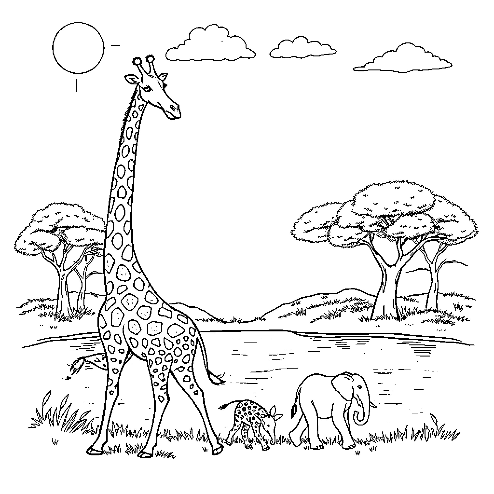 Giraffe and Elephants in the Savanna Coloring Page (free black-and-white line drawing printable PDF for all, from beginners to advanced learners, including children, teens, adults, and seniors)