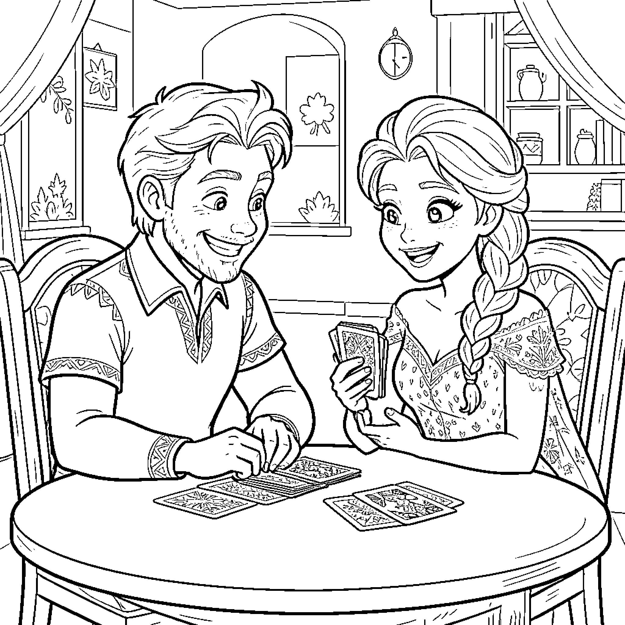 Stitch of two friends playing cards happily Coloring Page (free black-and-white line drawing printable PDF for all, from beginners to advanced learners, including children, teens, adults, and seniors)