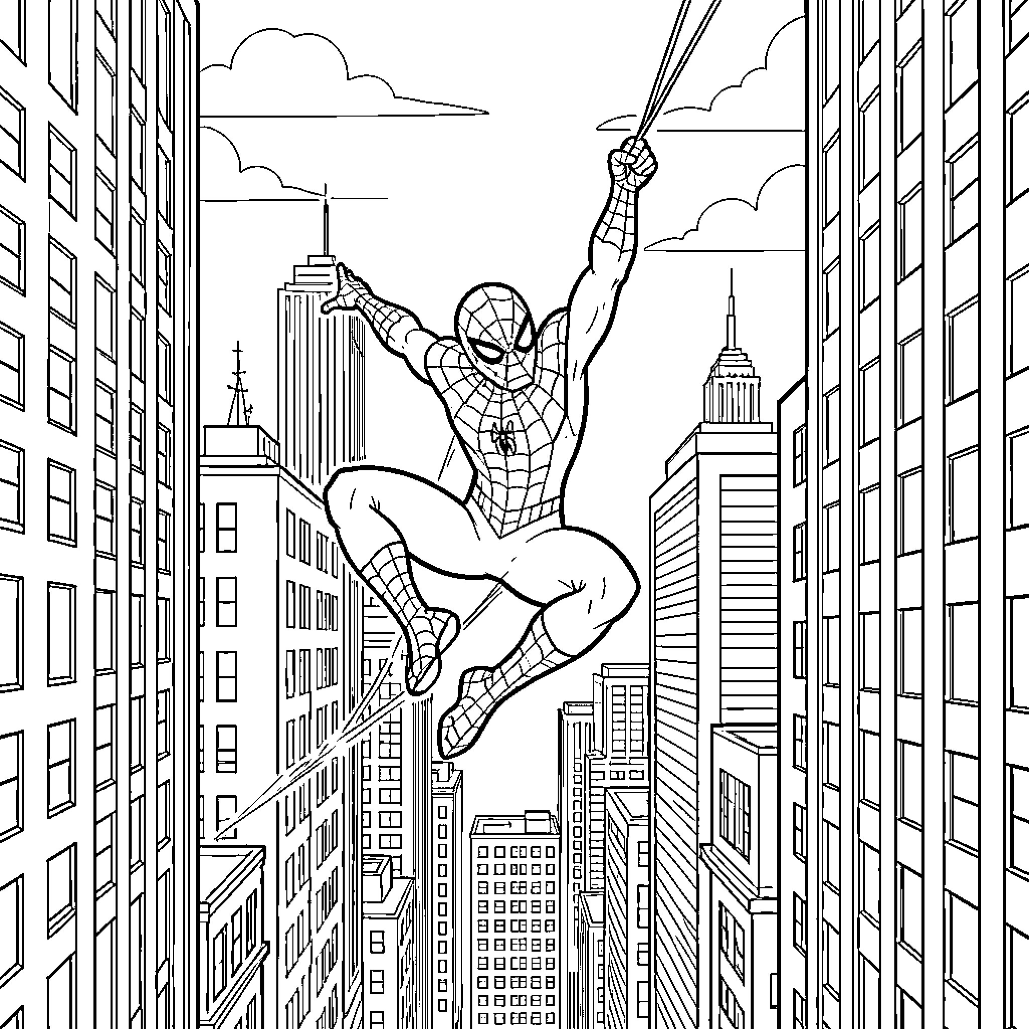 Spider-Man swinging through tall city skyscrapers Coloring Page (free black-and-white line drawing printable PDF for all, from beginners to advanced learners, including children, teens, adults, and seniors)