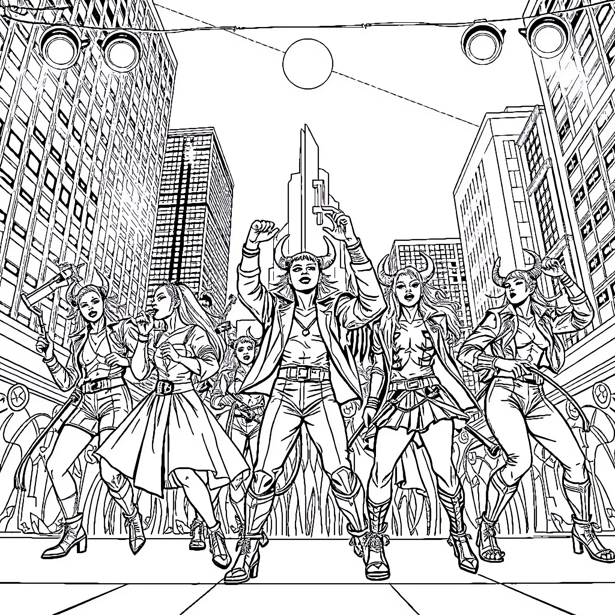 K-POP Demon Hunter: Heroic Ensemble Faces Adversity Coloring Page (free black-and-white line drawing printable PDF for all, from beginners to advanced learners, including children, teens, adults, and seniors)
