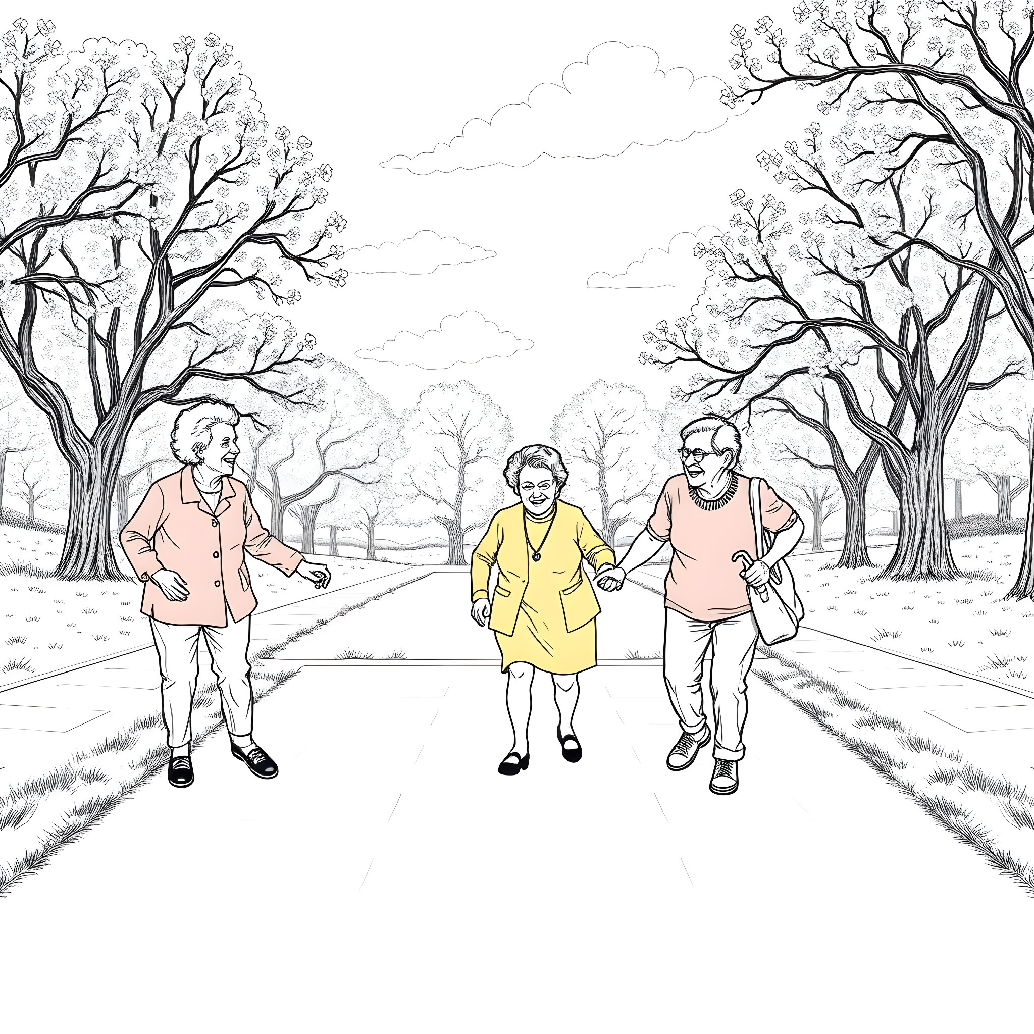 Elderly enjoying a leisurely stroll through the park Coloring Page (free black-and-white line drawing printable PDF for all, from beginners to advanced learners, including children, teens, adults, and seniors)