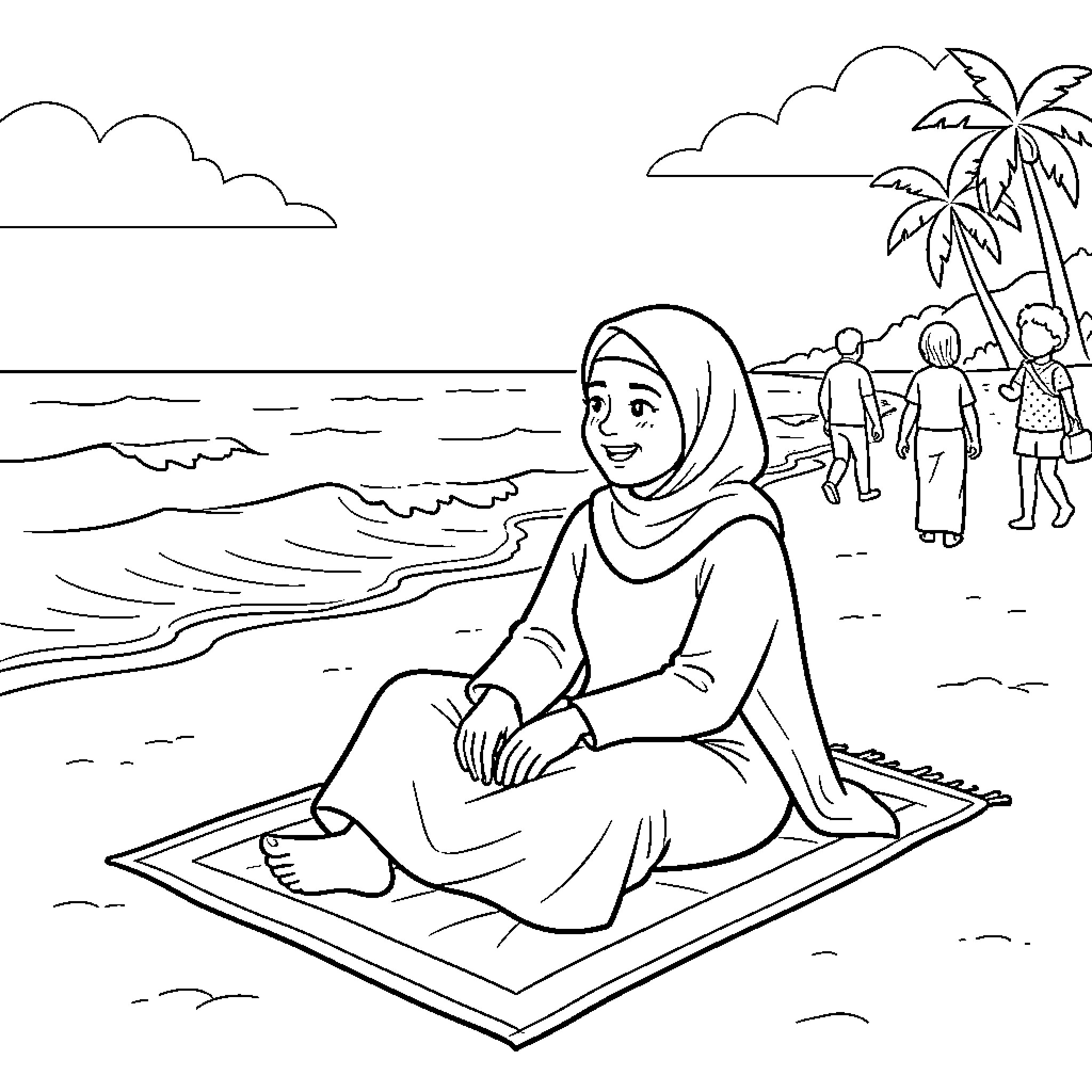 Muslim girl sitting on a mat at the beach Coloring Page (free black-and-white line drawing printable PDF for all, from beginners to advanced learners, including children, teens, adults, and seniors)
