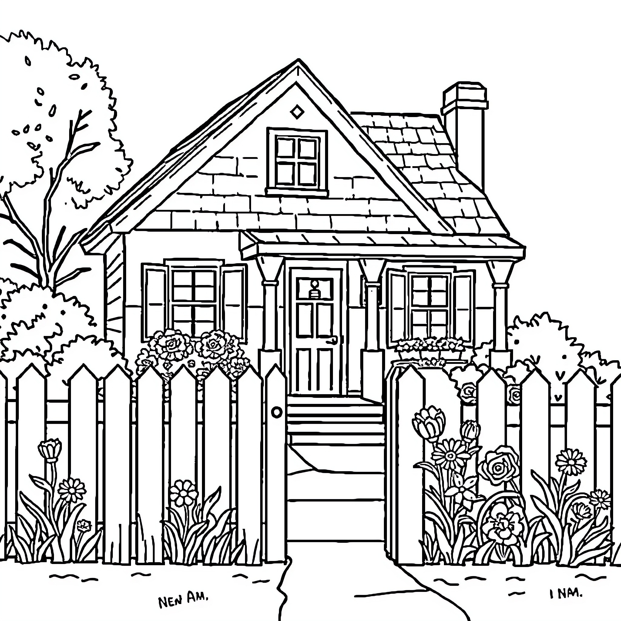 House with charming garden and fence Coloring Page (free black-and-white line drawing printable PDF for all, from beginners to advanced learners, including children, teens, adults, and seniors)