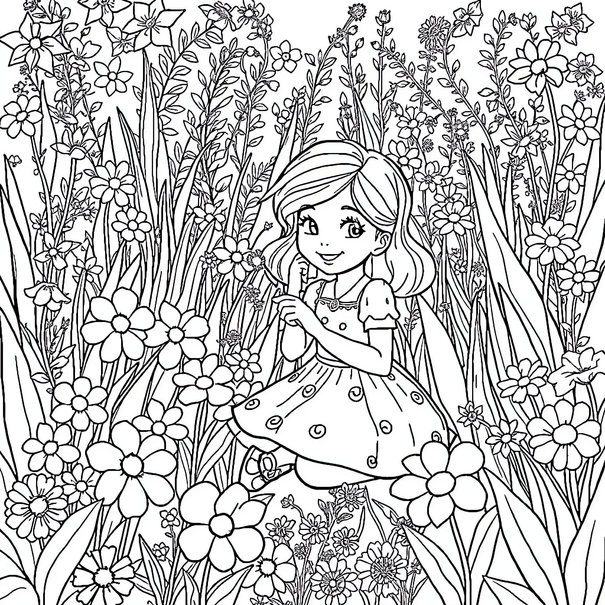 Bonnie Blue's Floral Adventure Coloring Page (free black-and-white line drawing printable PDF for all, from beginners to advanced learners, including children, teens, adults, and seniors)
