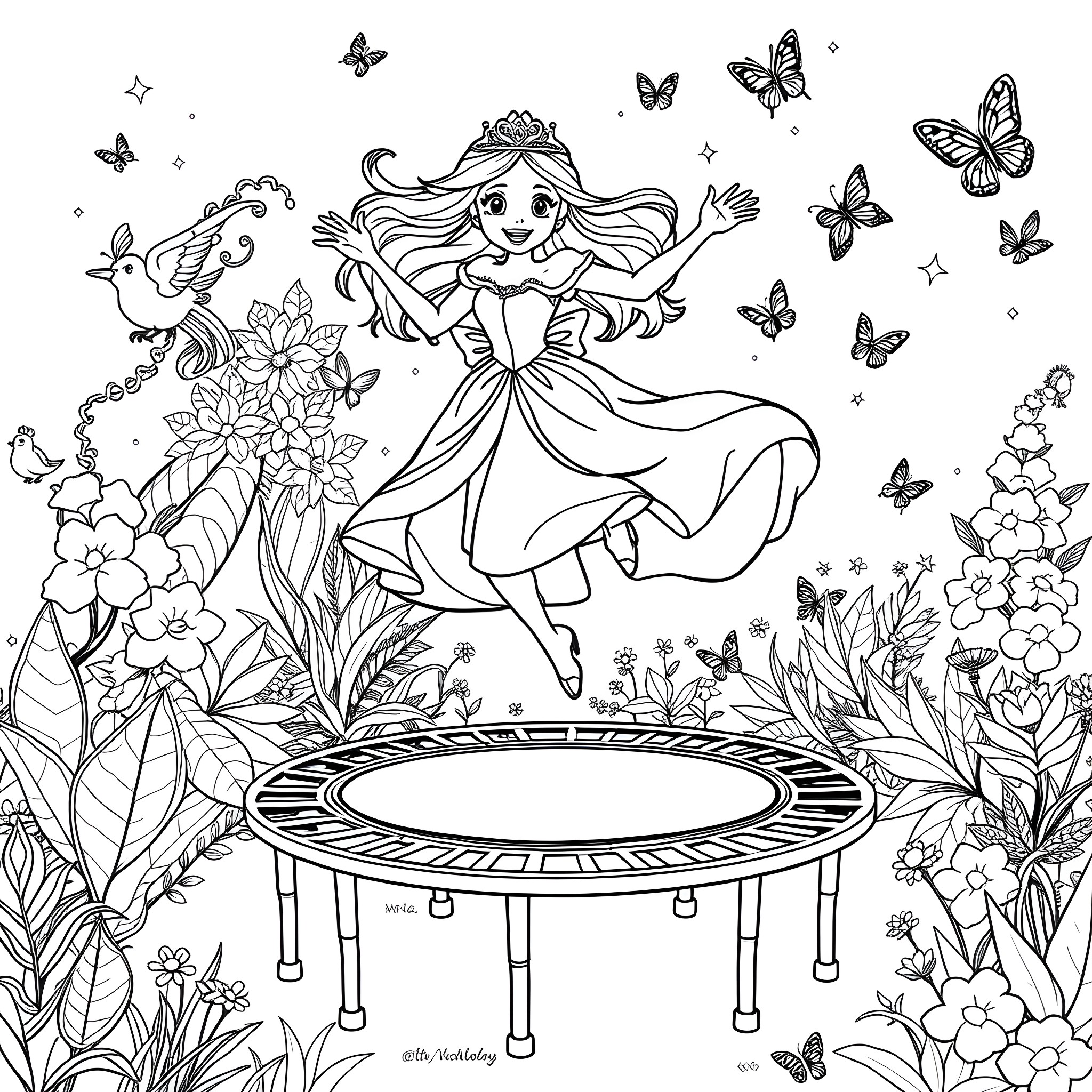 Princess joyfully dancing amidst flowers and butterflies Coloring Page (free black-and-white line drawing printable PDF for all, from beginners to advanced learners, including children, teens, adults, and seniors)