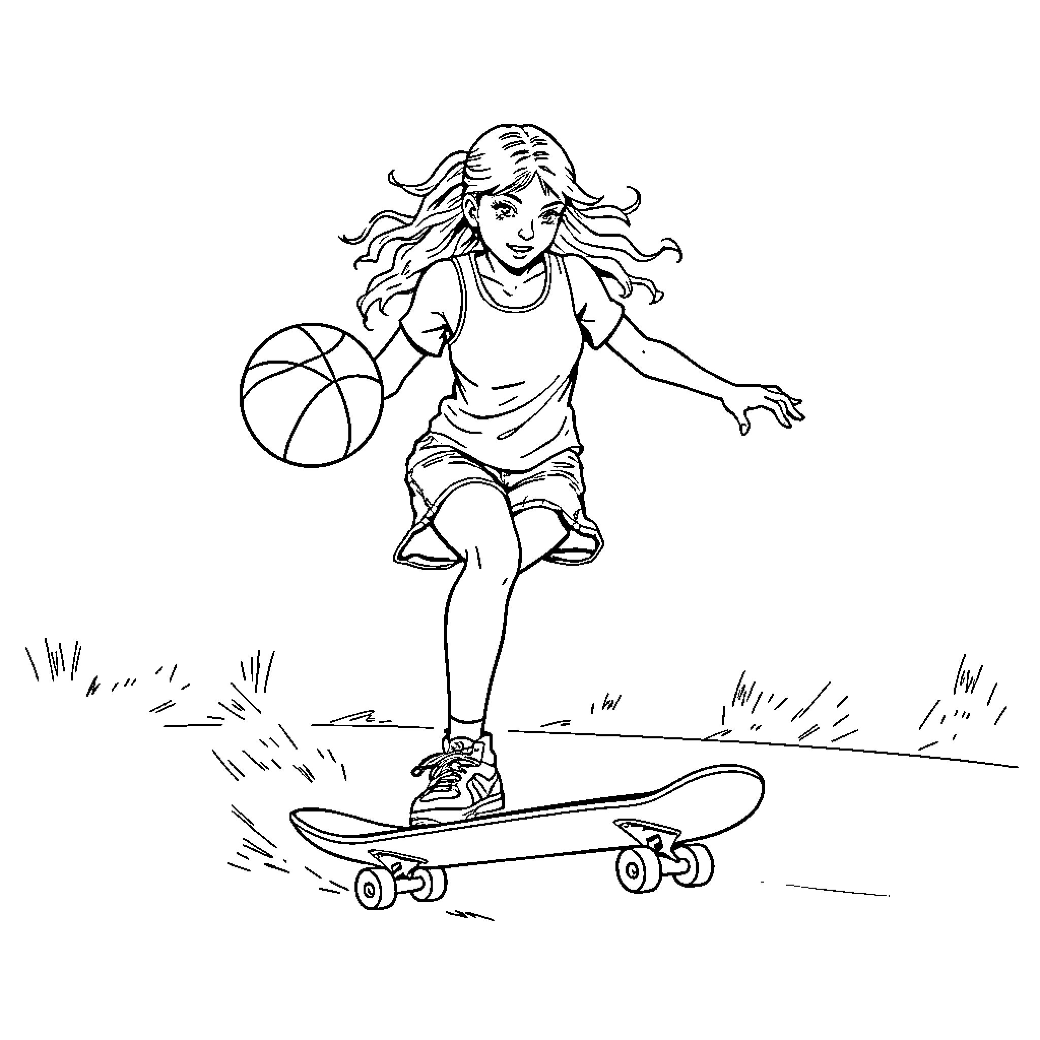 Sabrina Carpenter playing basketball on a skateboard Coloring Page (free black-and-white line drawing printable PDF for all, from beginners to advanced learners, including children, teens, adults, and seniors)