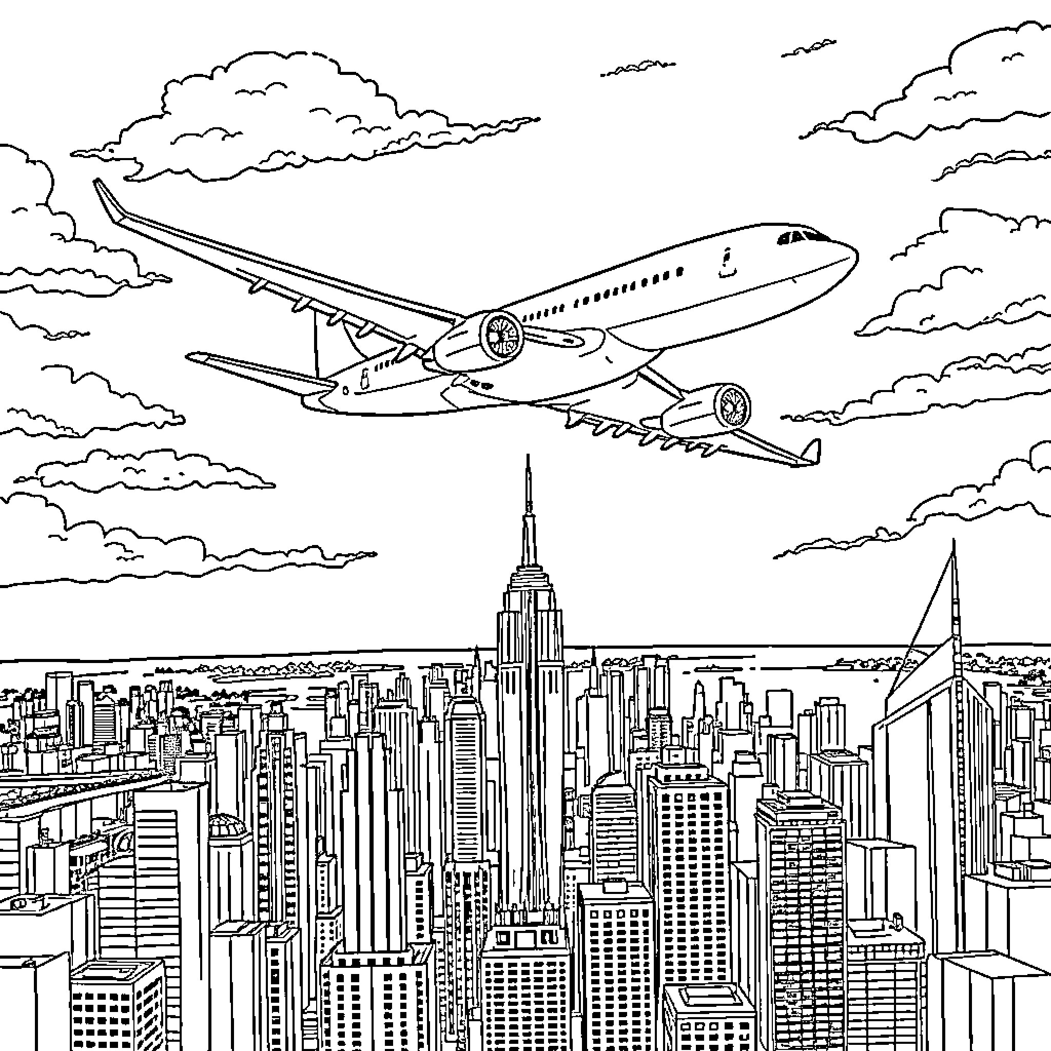 Airplane soaring over a bustling city skyline Coloring Page (free black-and-white line drawing printable PDF for all, from beginners to advanced learners, including children, teens, adults, and seniors)