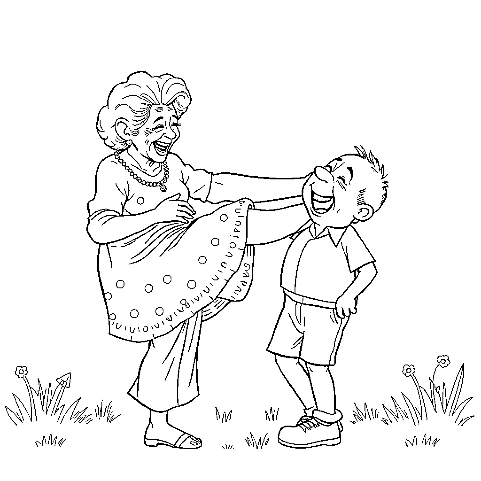 Grandma playing and laughing with her grandson Coloring Page (free black-and-white line drawing printable PDF for all, from beginners to advanced learners, including children, teens, adults, and seniors)