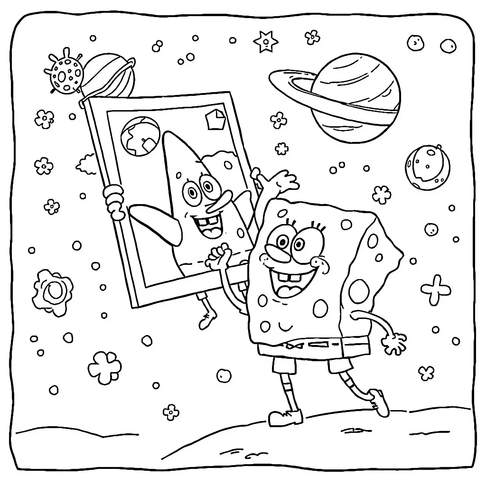 Spongebob explores the cosmic wonders Coloring Page (free black-and-white line drawing printable PDF for all, from beginners to advanced learners, including children, teens, adults, and seniors)