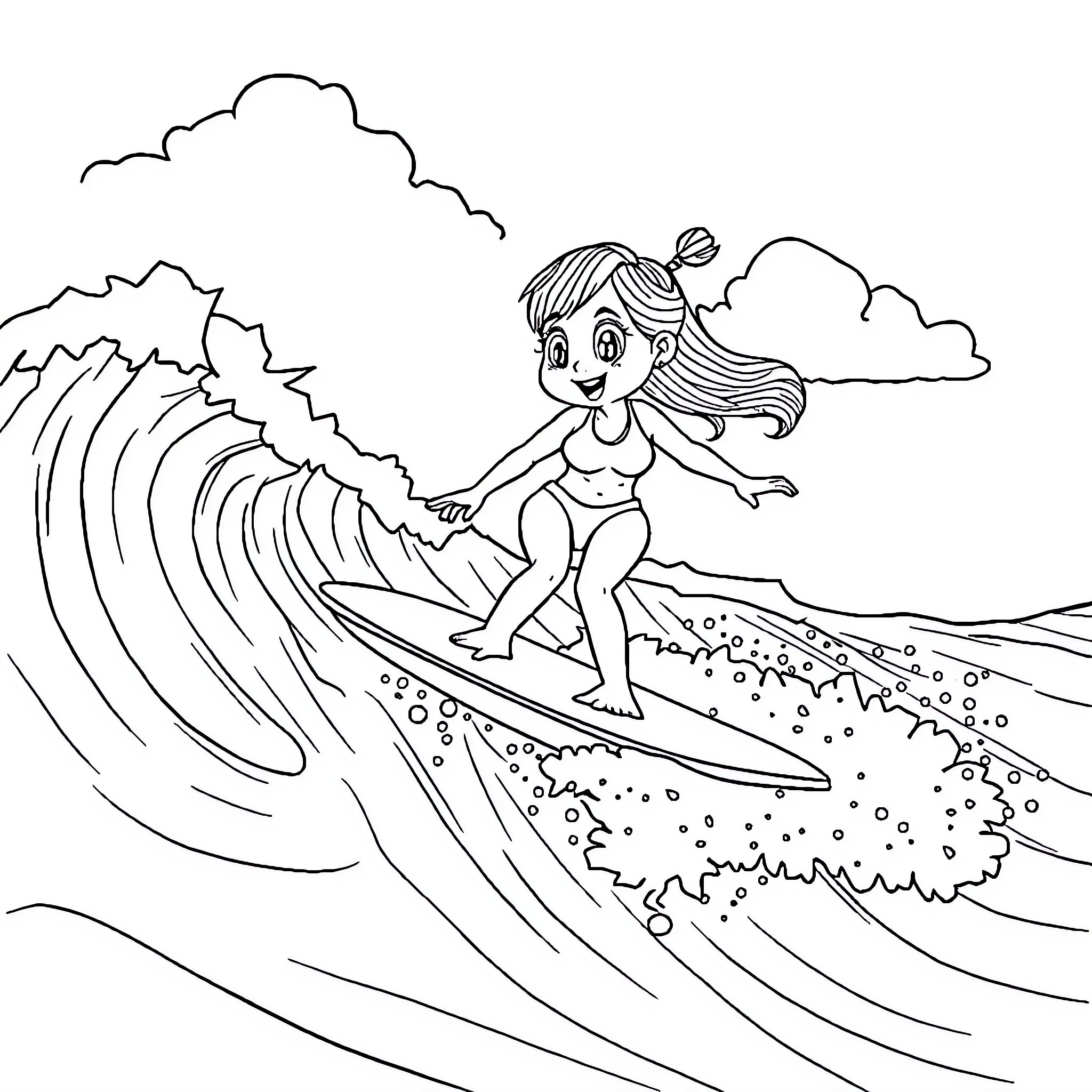 Labubu surfing on the waves Coloring Page (free black-and-white line drawing printable PDF for all, from beginners to advanced learners, including children, teens, adults, and seniors)