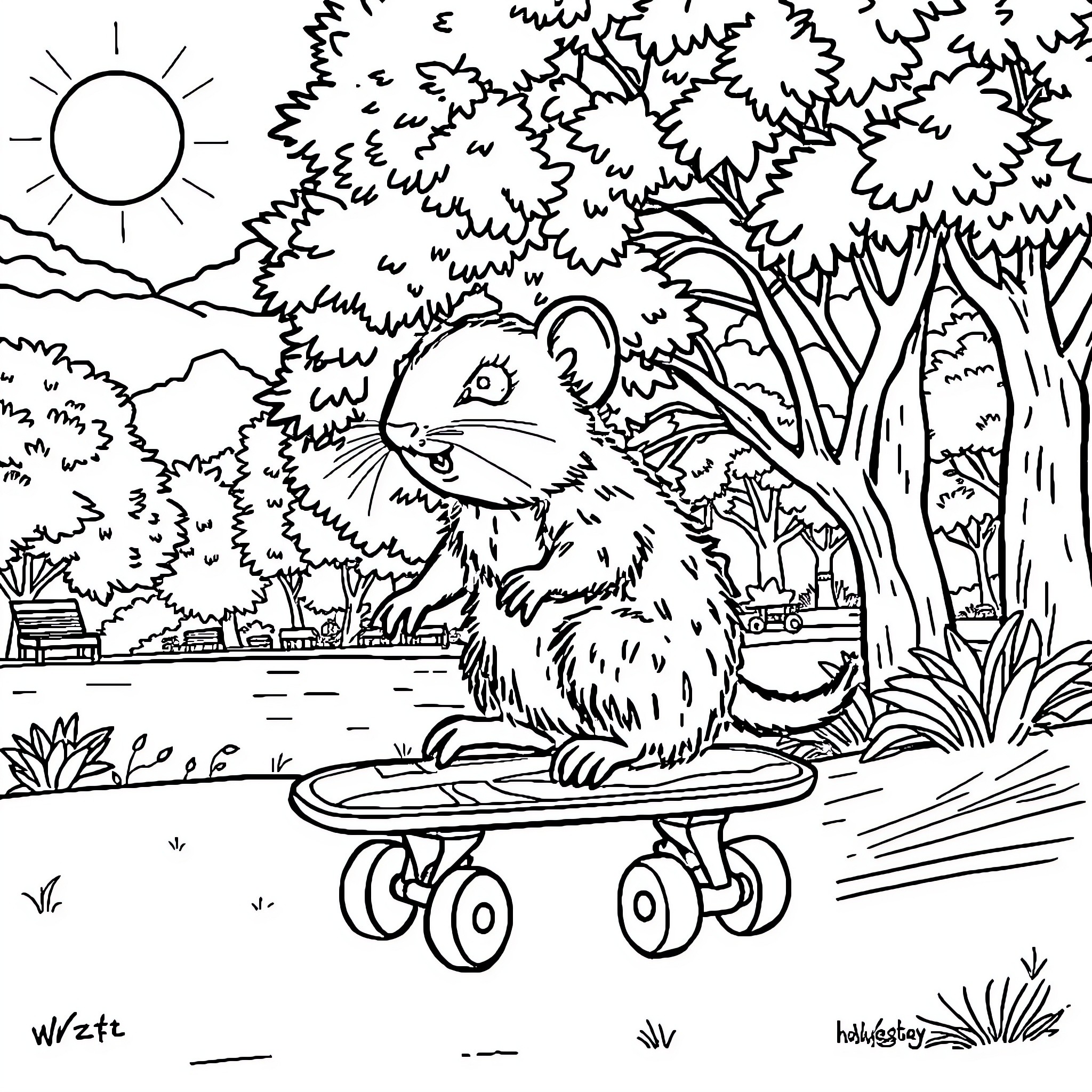 Mole riding skateboard in nature scene Coloring Page (free black-and-white line drawing printable PDF for all, from beginners to advanced learners, including children, teens, adults, and seniors)