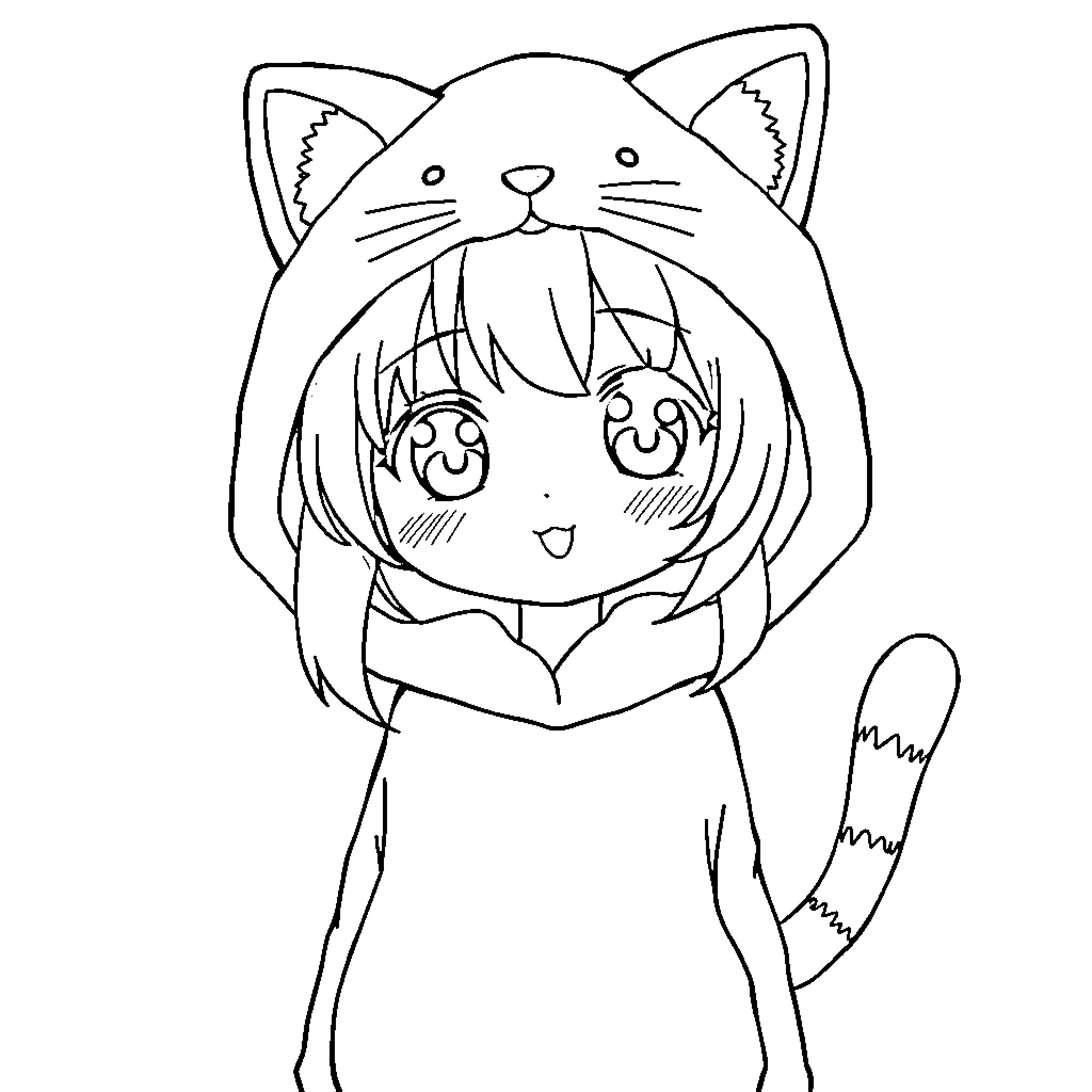 Anime Girl in Cute Cat Costume Coloring Page (free black-and-white line drawing printable PDF for all, from beginners to advanced learners, including children, teens, adults, and seniors)