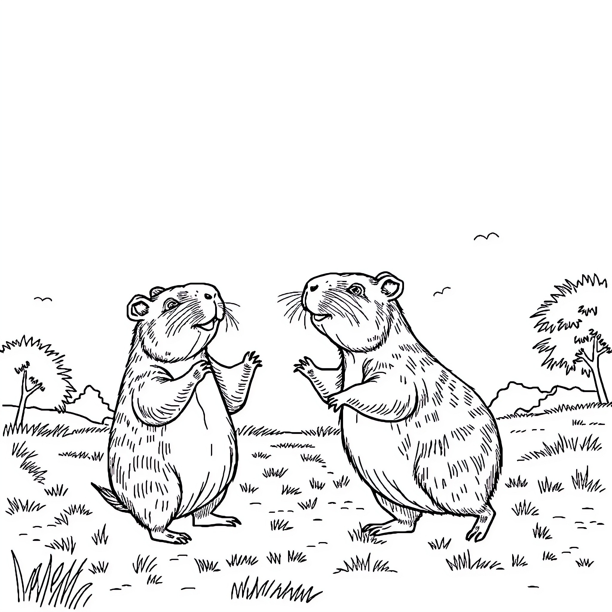 Capybara friends enjoying the outdoors Coloring Page (free black-and-white line drawing printable PDF for all, from beginners to advanced learners, including children, teens, adults, and seniors)