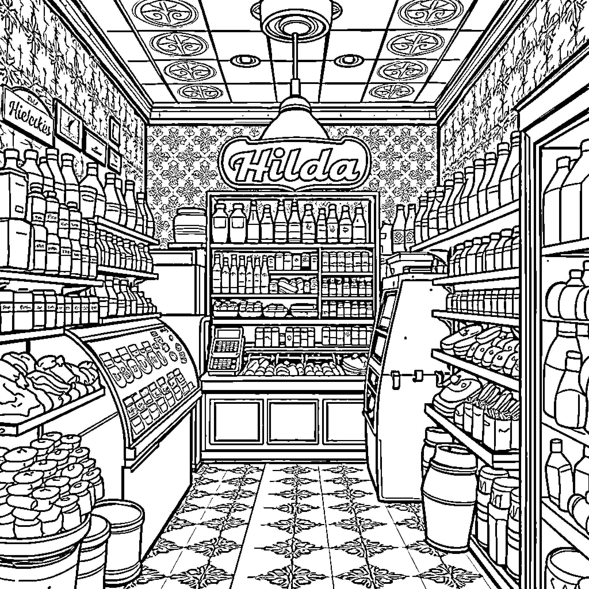 Deli Interior with Shelves and Products Coloring Page (free black-and-white line drawing printable PDF for all, from beginners to advanced learners, including children, teens, adults, and seniors)