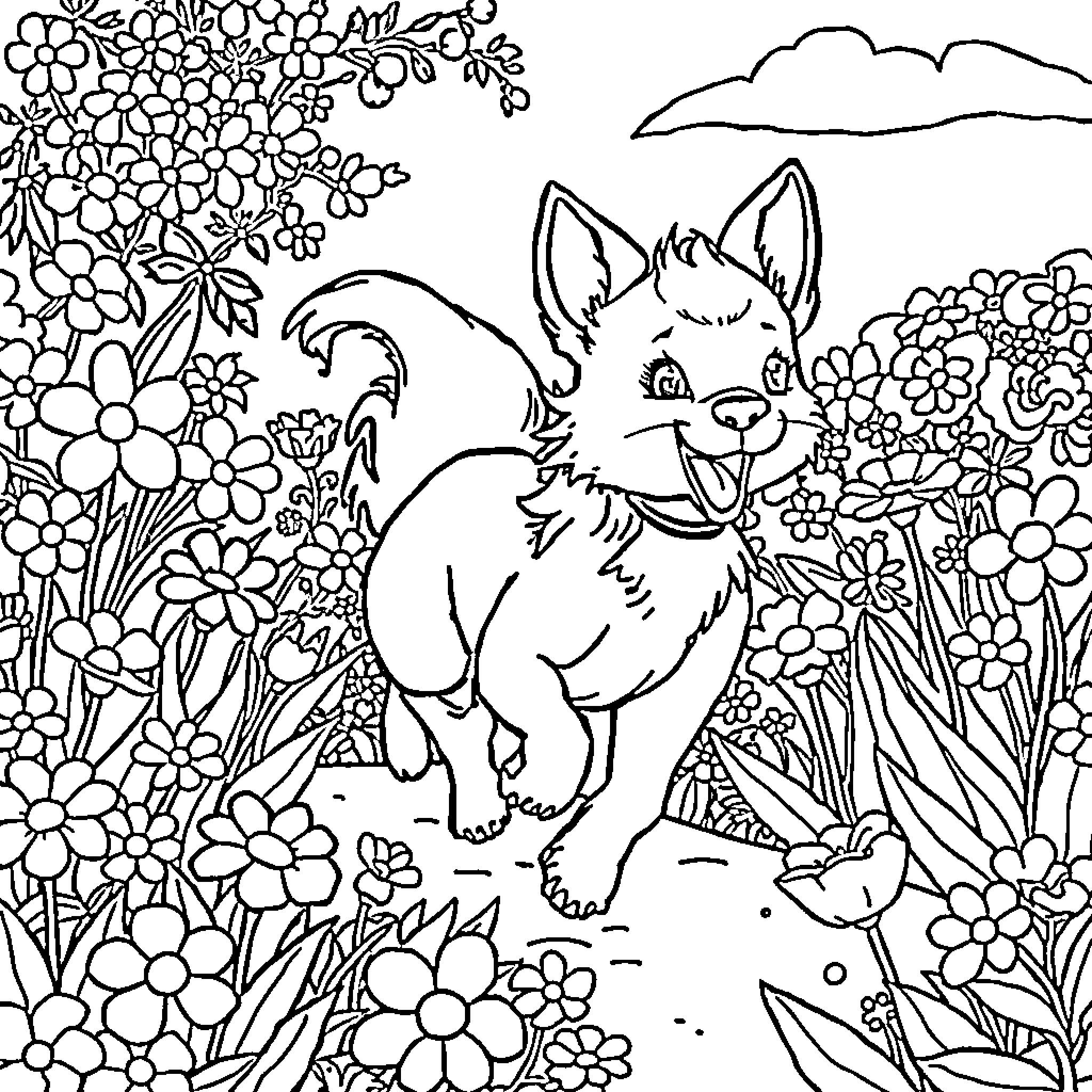Dog playing joyfully in a flowery meadow Coloring Page (free black-and-white line drawing printable PDF for all, from beginners to advanced learners, including children, teens, adults, and seniors)
