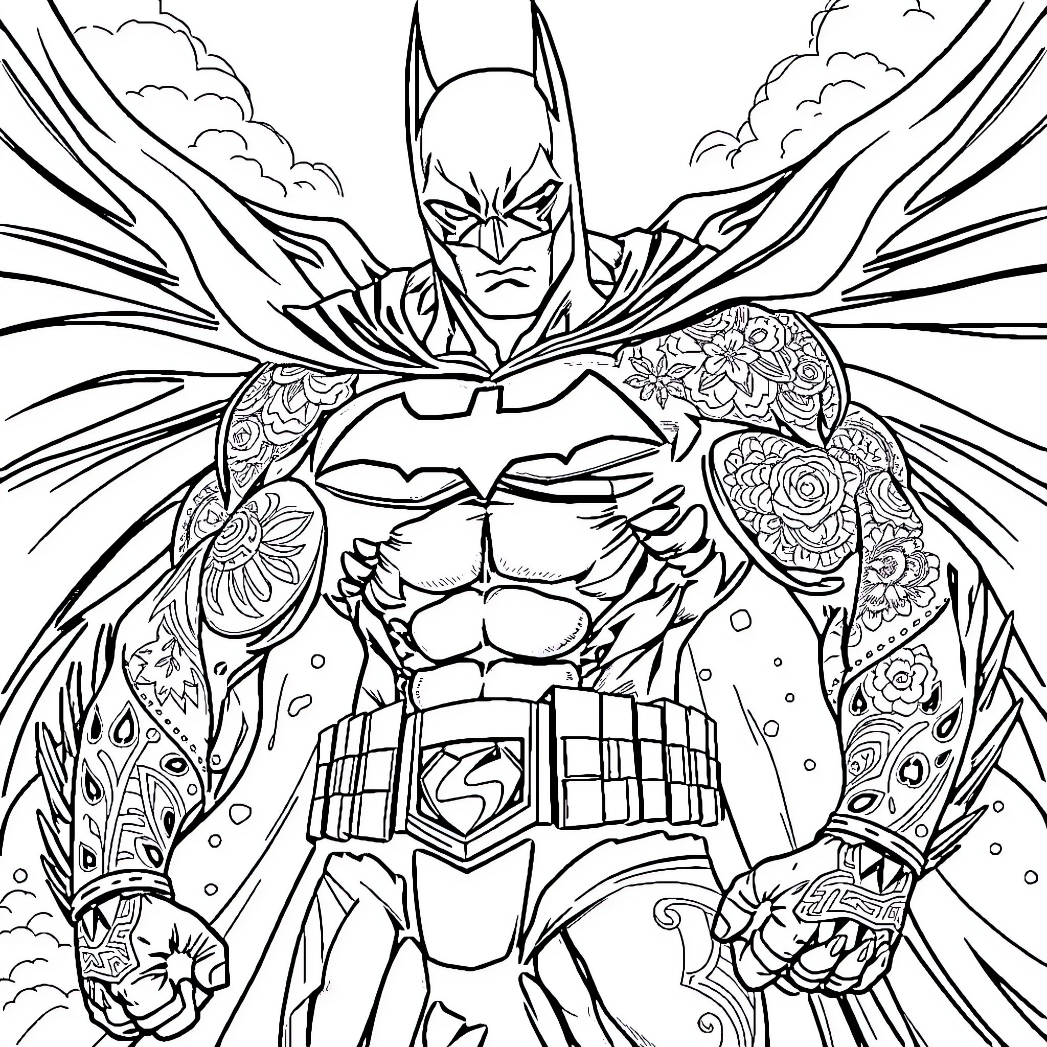 Batman's Heroic Stance in Intricate Outfit Coloring Page (free black-and-white line drawing printable PDF for all, from beginners to advanced learners, including children, teens, adults, and seniors)