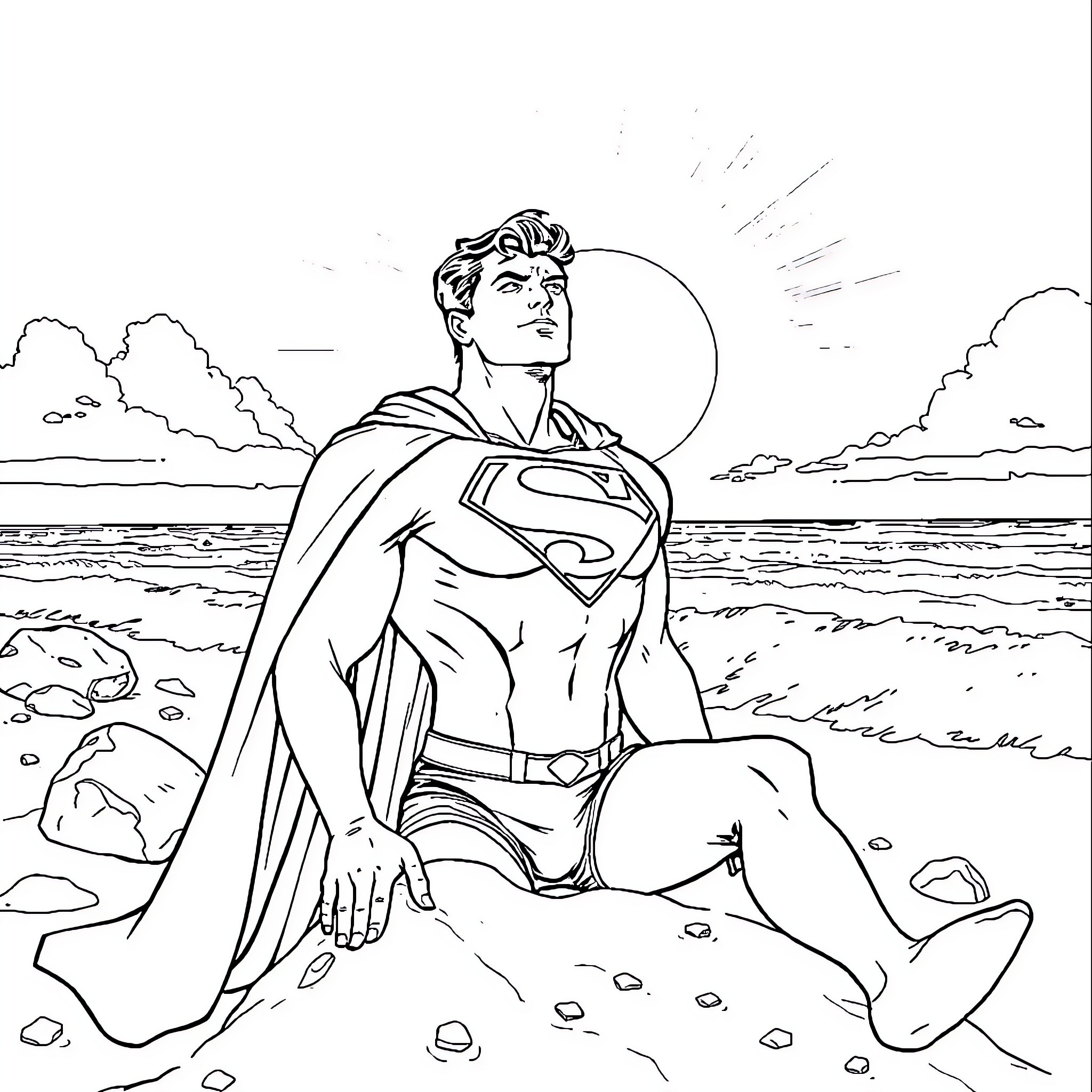 Superman resting on the beach overlooking the ocean Coloring Page (free black-and-white line drawing printable PDF for all, from beginners to advanced learners, including children, teens, adults, and seniors)