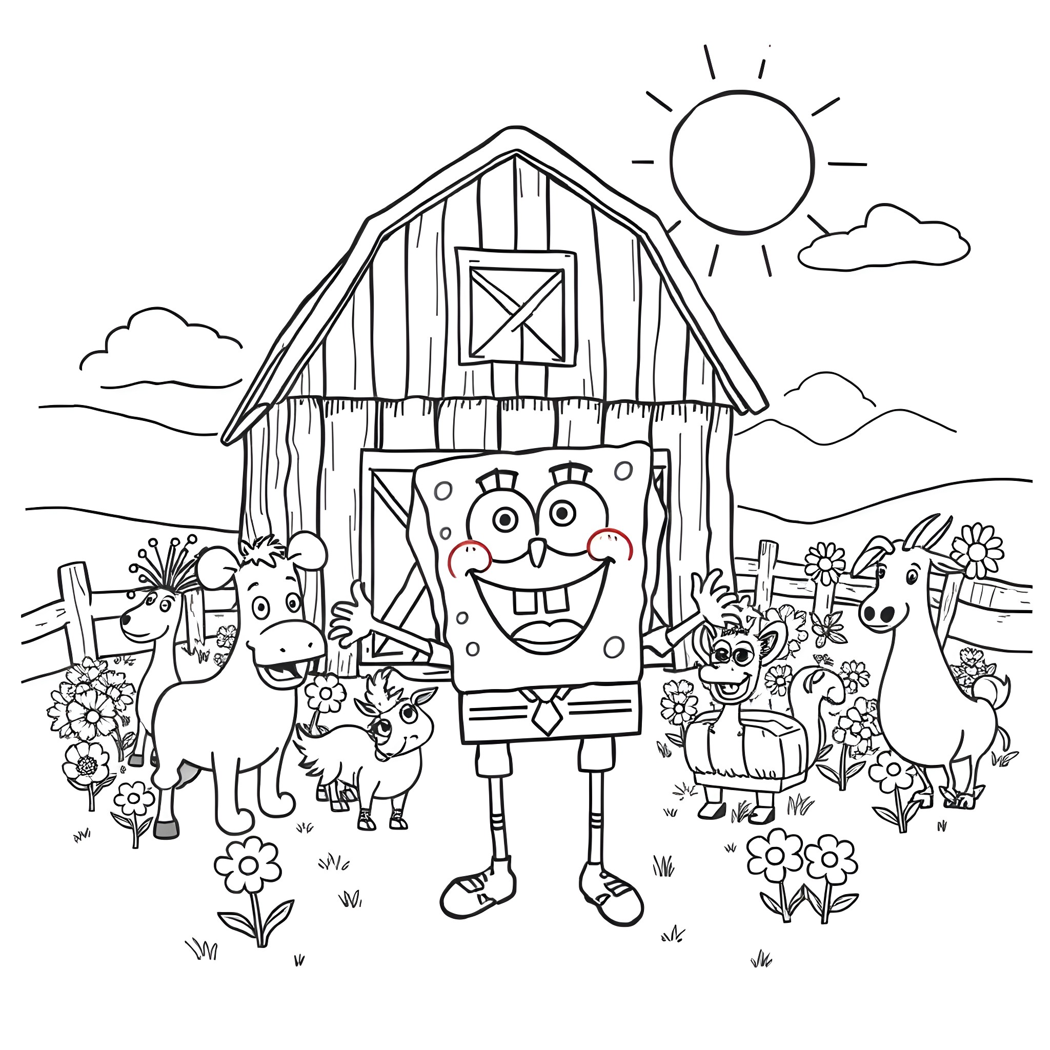Spongebob and friends on the farm Coloring Page (free black-and-white line drawing printable PDF for all, from beginners to advanced learners, including children, teens, adults, and seniors)