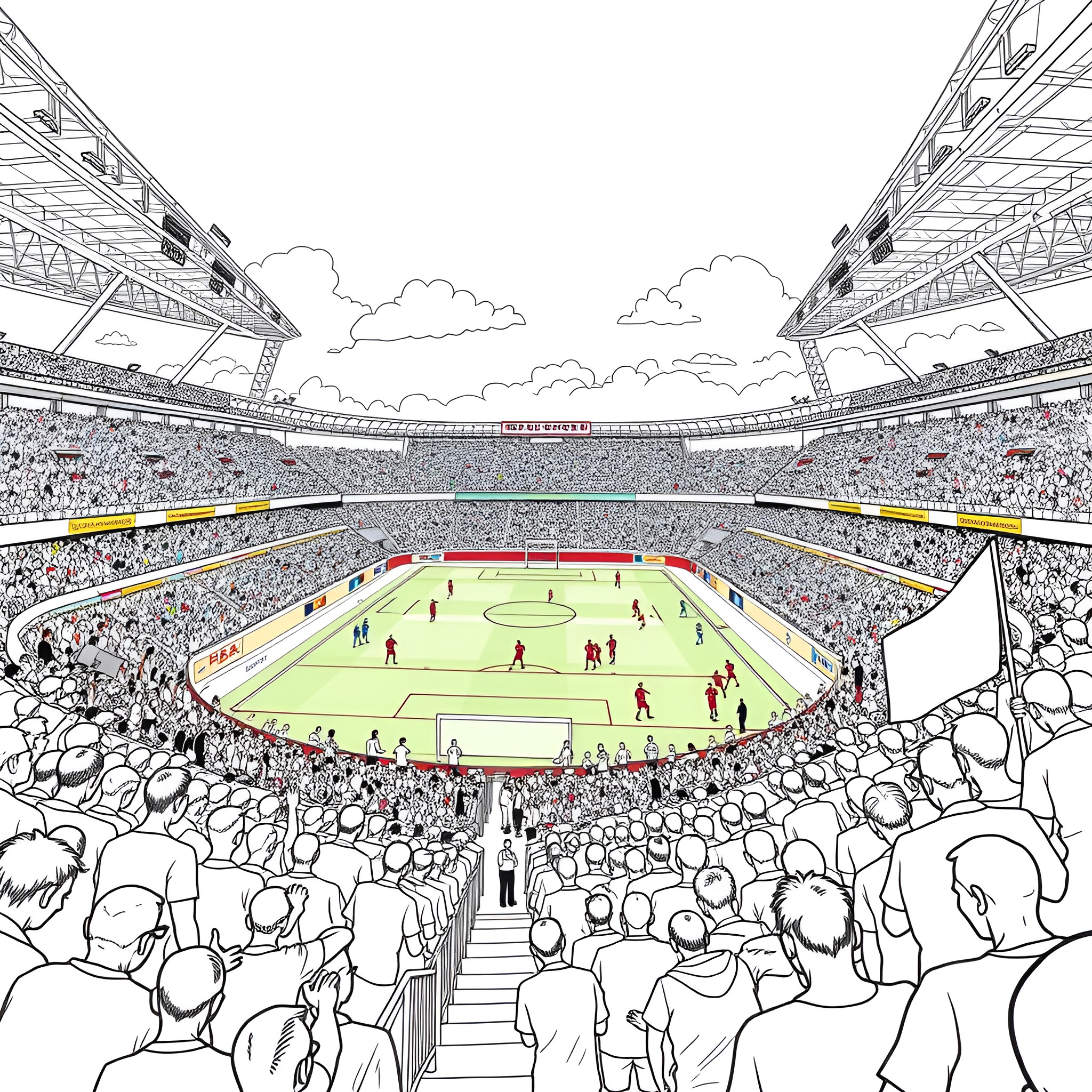 Soccer Stadium Filled with Spectators and Players on Field Coloring Page (free black-and-white line drawing printable PDF for all, from beginners to advanced learners, including children, teens, adults, and seniors)