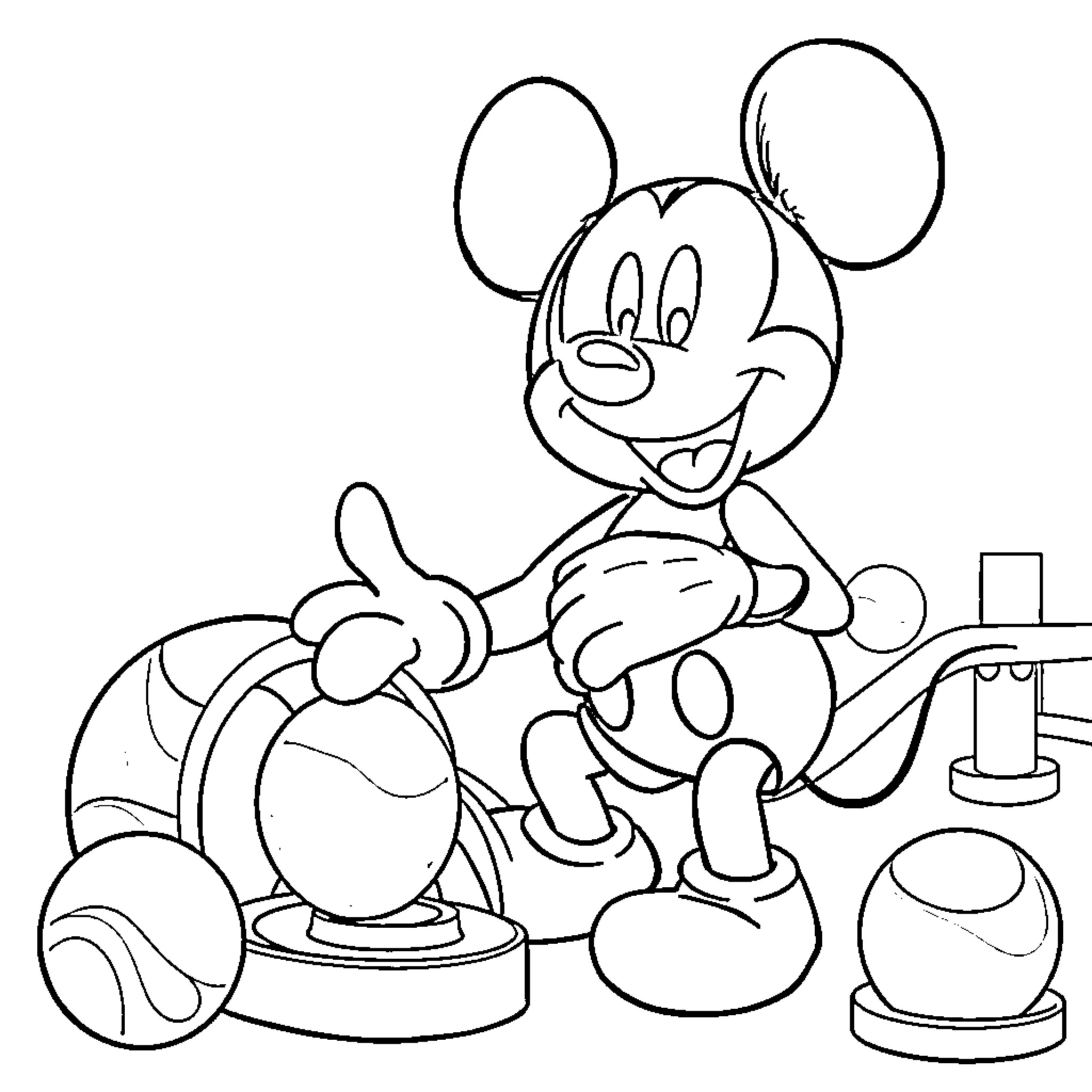 Mickey Mouse playing with toys and gadgets Coloring Page (free black-and-white line drawing printable PDF for all, from beginners to advanced learners, including children, teens, adults, and seniors)