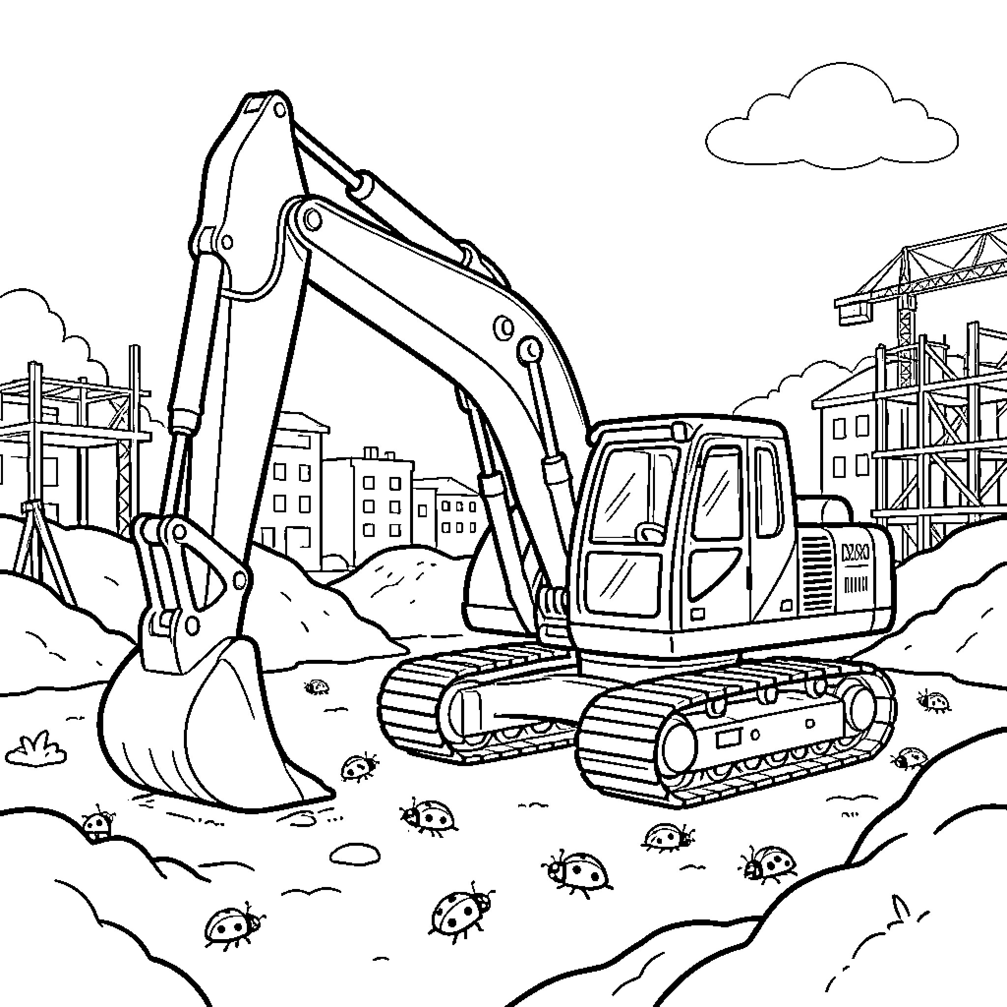 Excavator working on a construction site with buildings Coloring Page (free black-and-white line drawing printable PDF for all, from beginners to advanced learners, including children, teens, adults, and seniors)