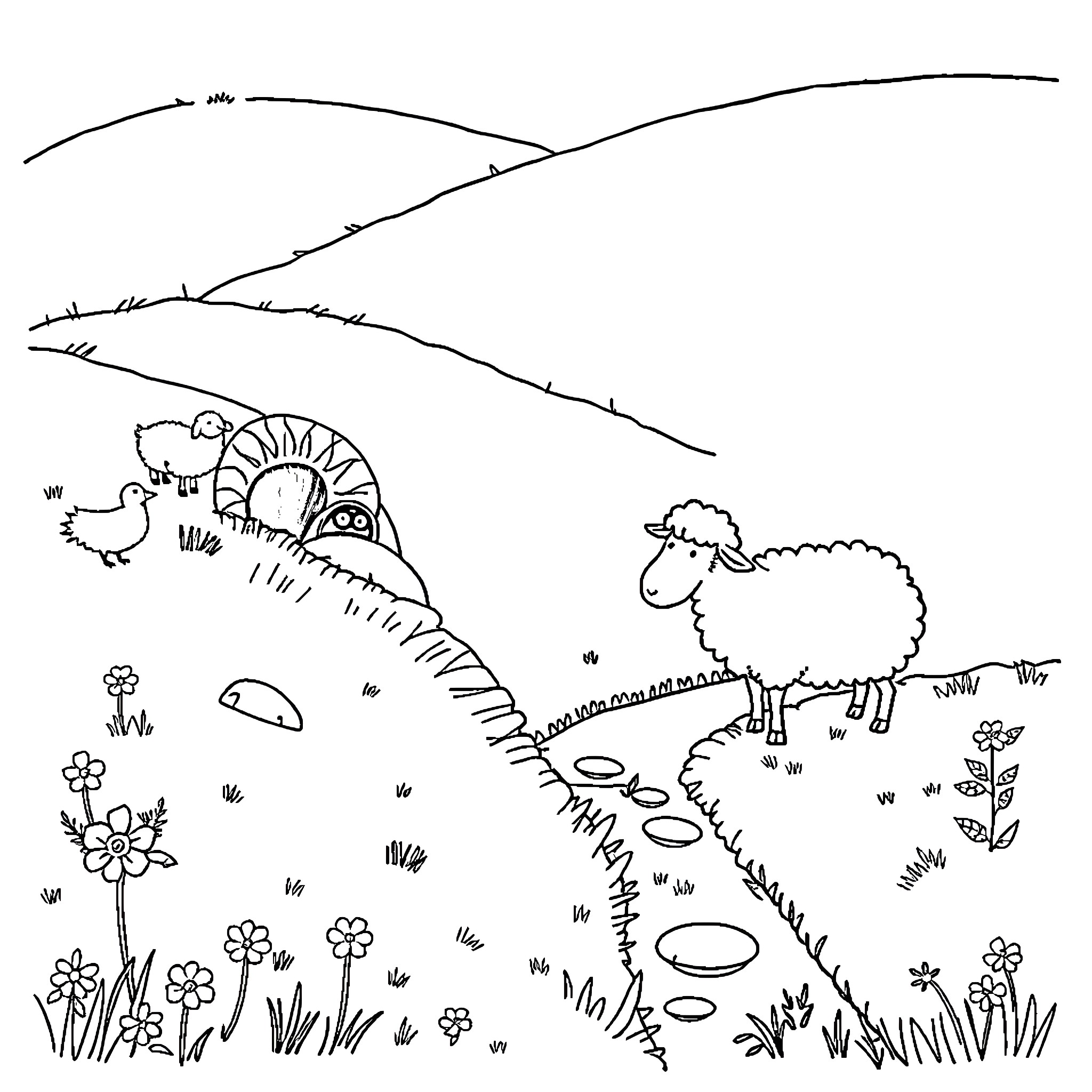 Shaun's whimsical journey through a pastoral landscape Coloring Page (free black-and-white line drawing printable PDF for all, from beginners to advanced learners, including children, teens, adults, and seniors)