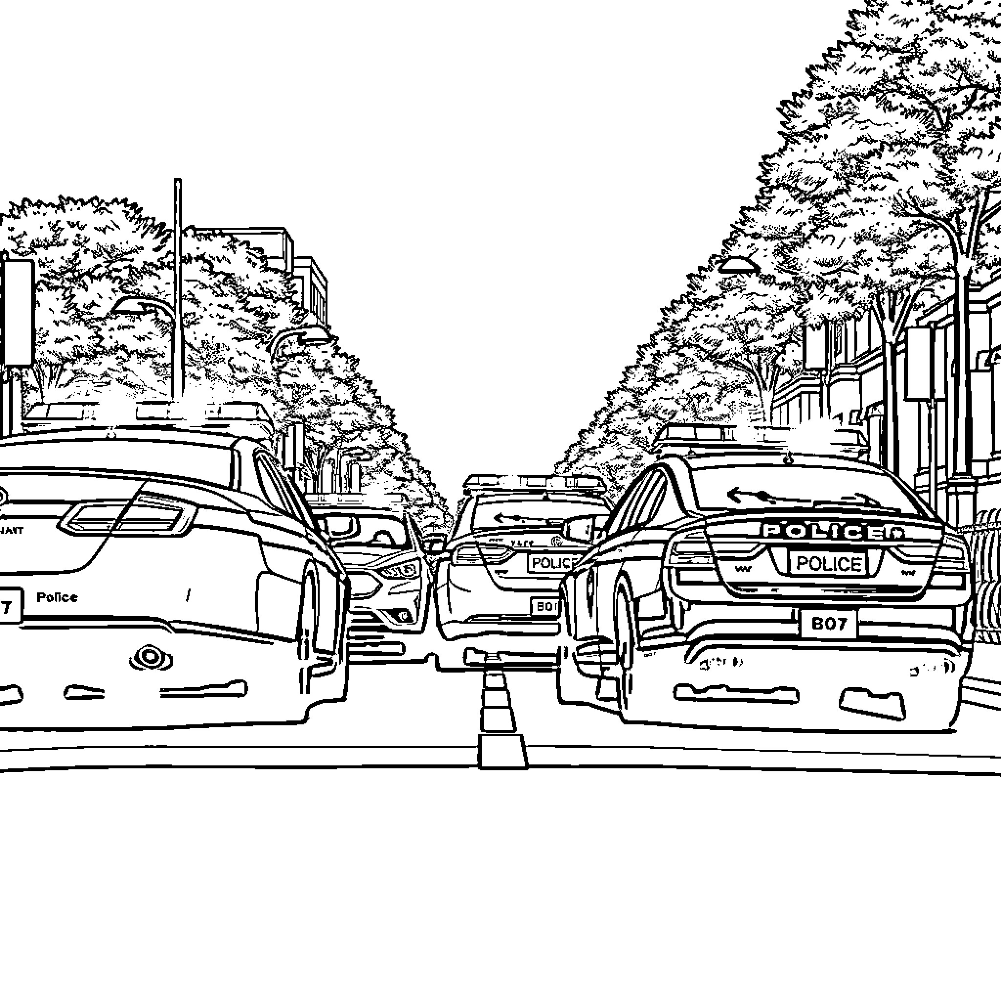 Police Cars Responding to an Incident on the Street Coloring Page (free black-and-white line drawing printable PDF for all, from beginners to advanced learners, including children, teens, adults, and seniors)