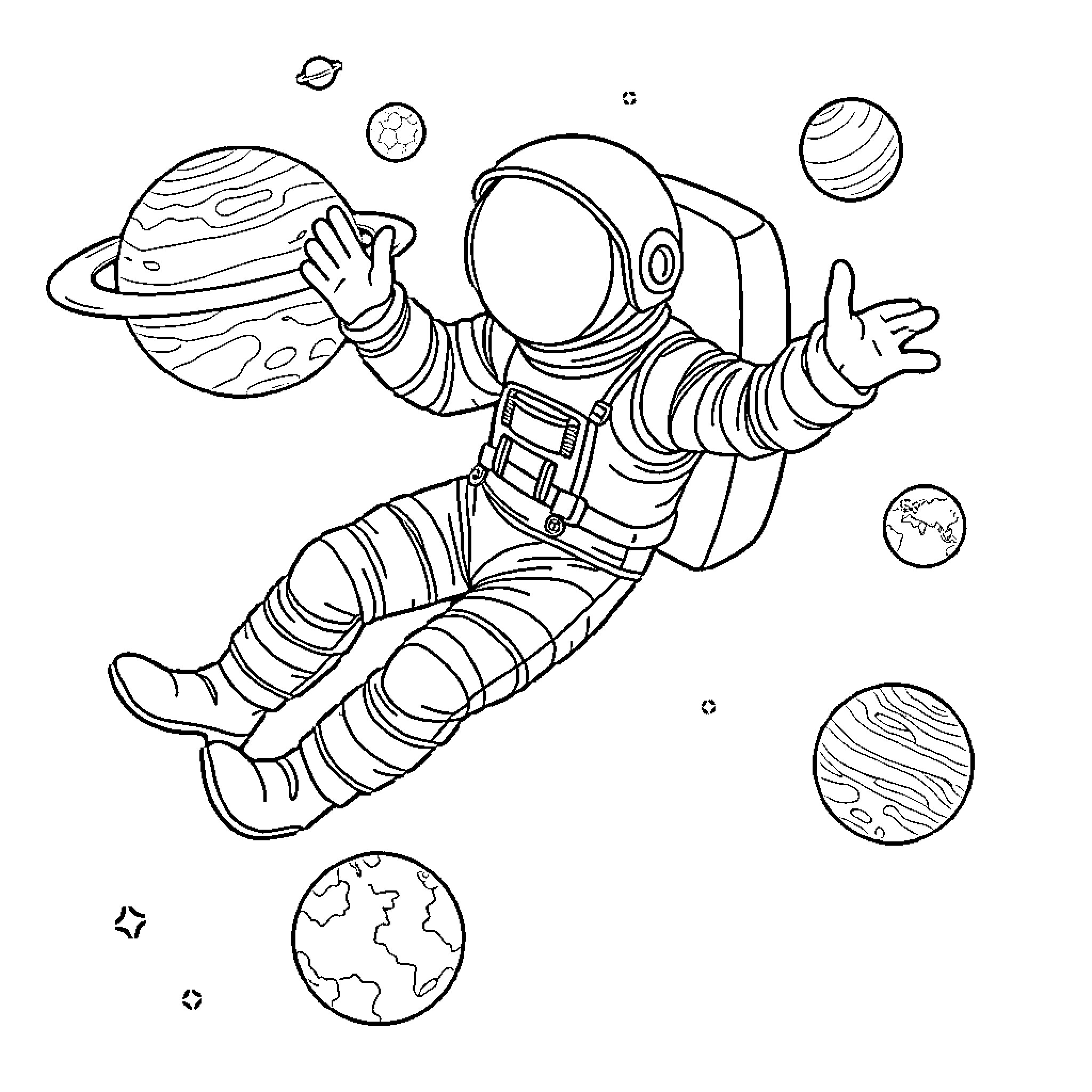 Astronaut floating in outer space Coloring Page (free black-and-white line drawing printable PDF for all, from beginners to advanced learners, including children, teens, adults, and seniors)